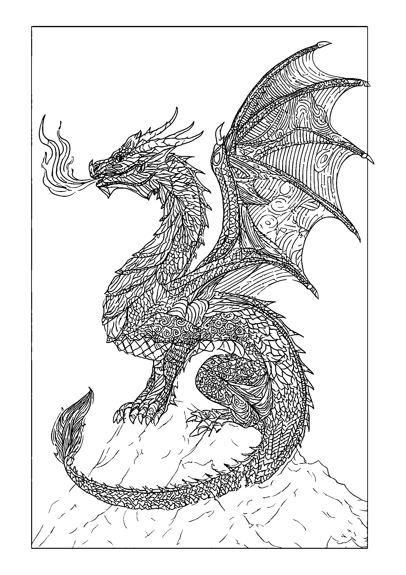 Ausmalbild Dragon Perched on a Mountain Peak Breathing Fire