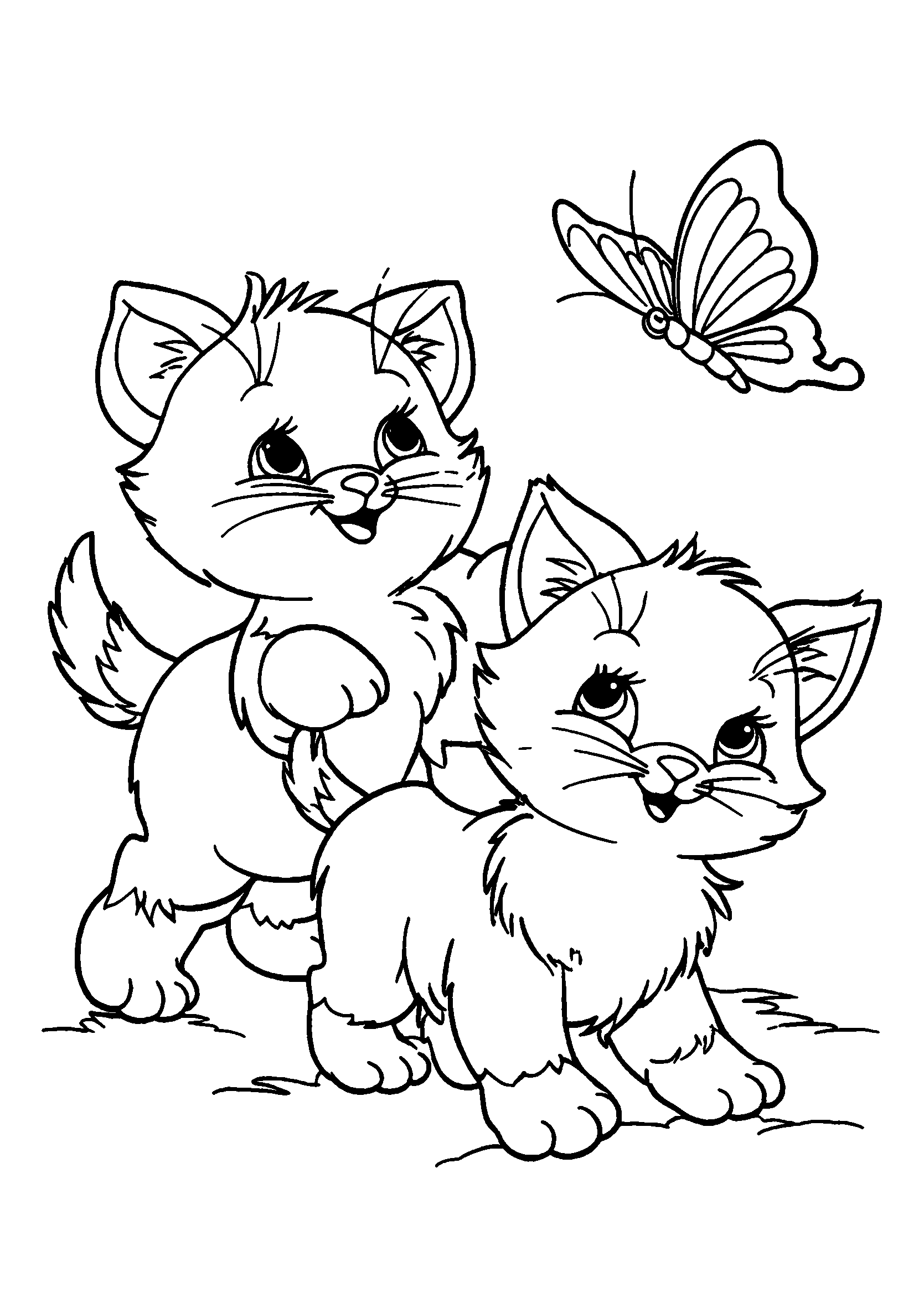 Ausmalbild Playful Kitten Chasing a Butterfly in a Sunny Garden