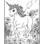 Ausmalbild Unicorn Prancing Through a Meadow of Wildflowers