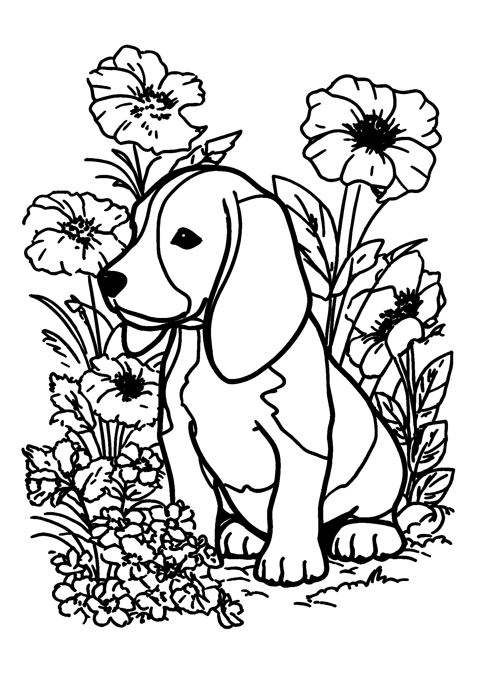 Ausmalbild Beagles Sniffing Flowers in a Garden