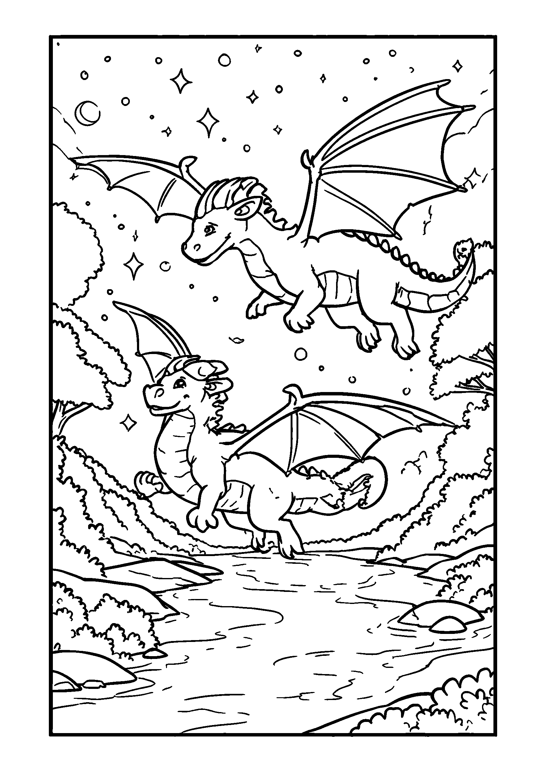 Ausmalbild Dragons Flying Above a Sparkling River at Sunset