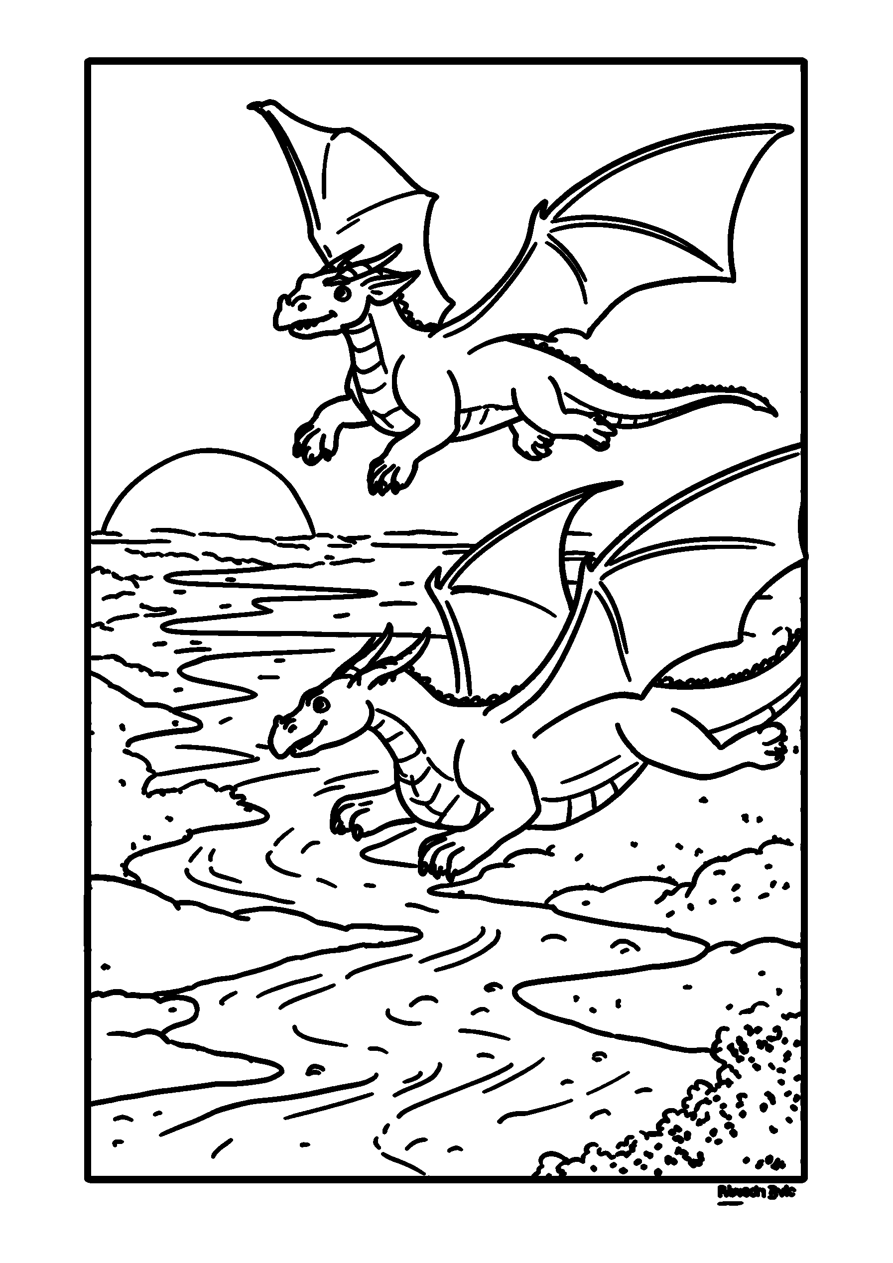 Ausmalbild Playful Triceratops by a Sparkling River