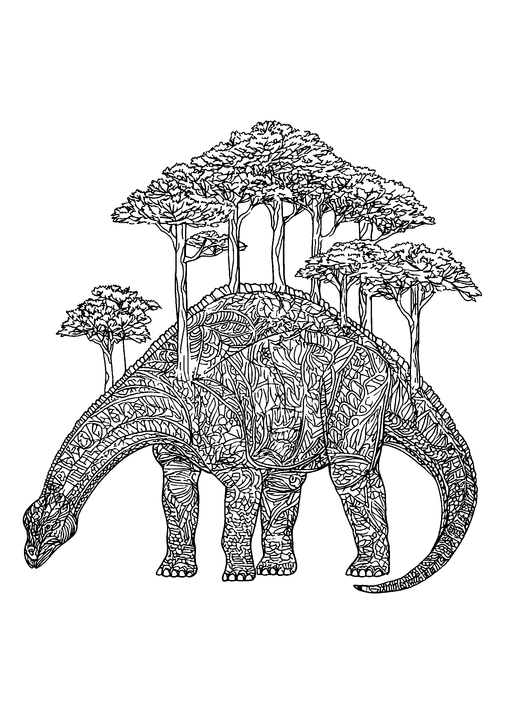 Ausmalbild Gentle Brontosaurus Grazing on High Treetops