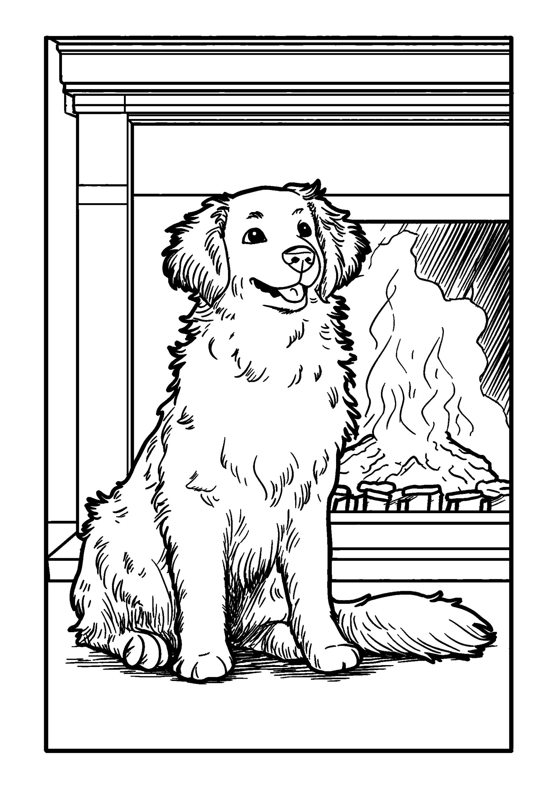 Ausmalbild Golden Retriever Sitting by a Fireplace