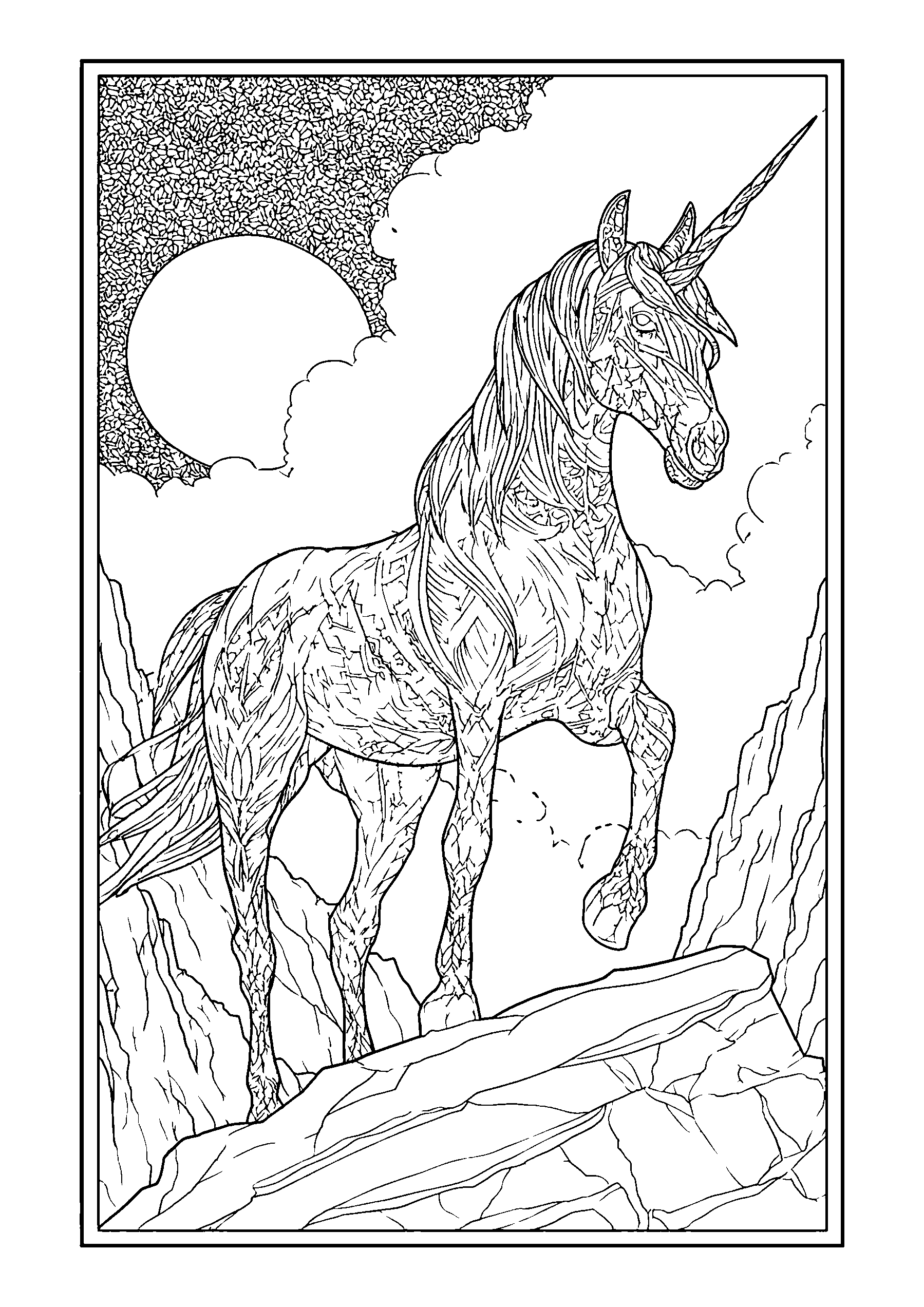 Ausmalbild Majestic Unicorn Standing Atop a Rocky Cliff at Sunset