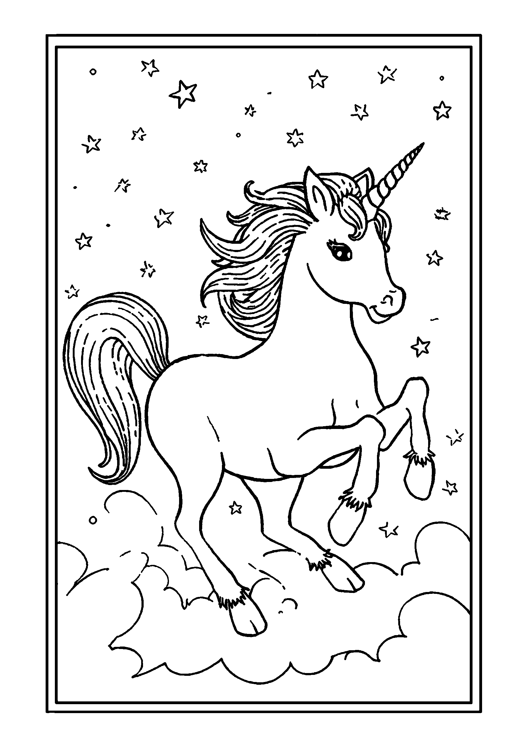 Ausmalbild Unicorn Galloping under a Starry Night Sky