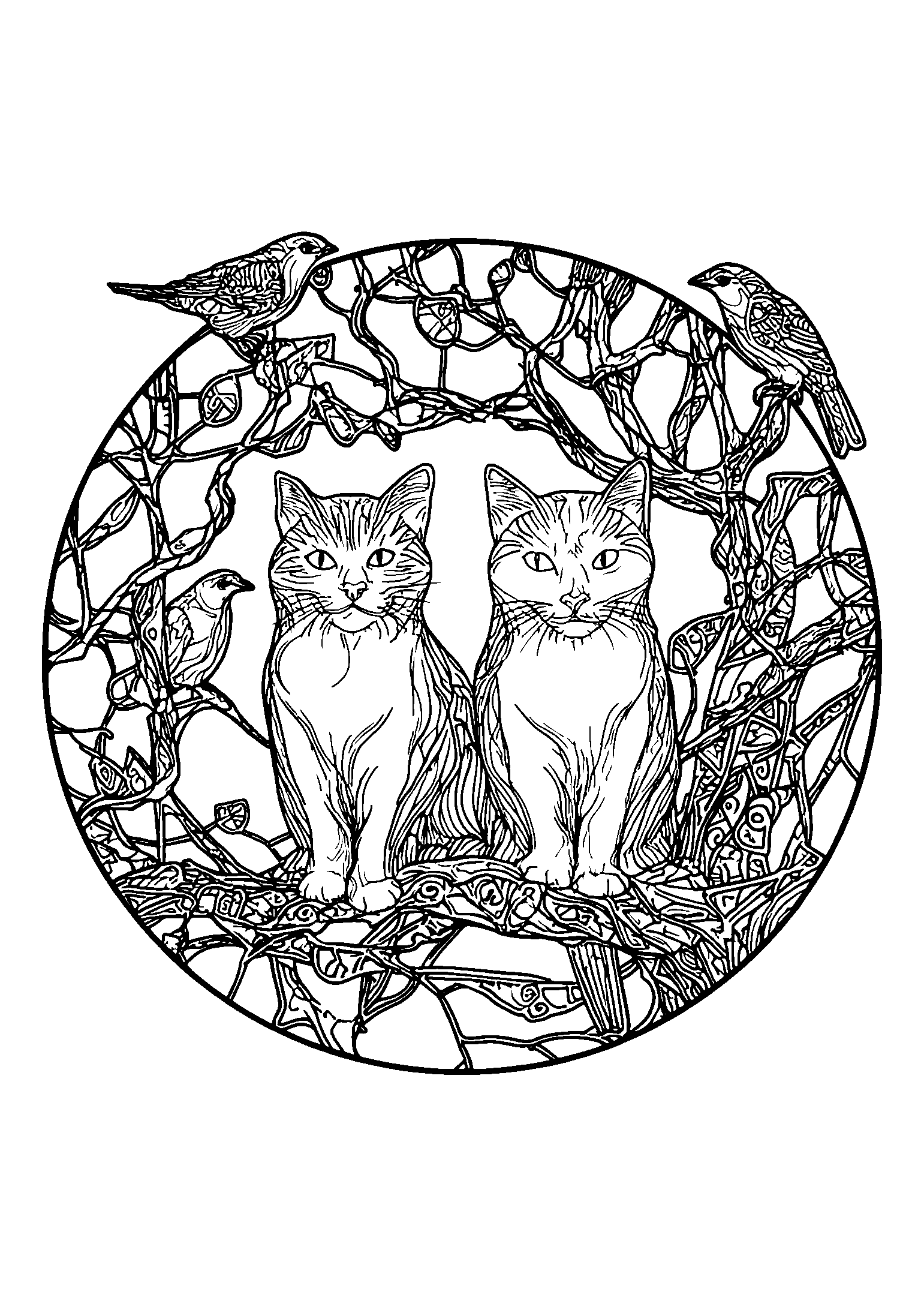 Ausmalbild Cats Sitting in a Tree with Birds Nearby