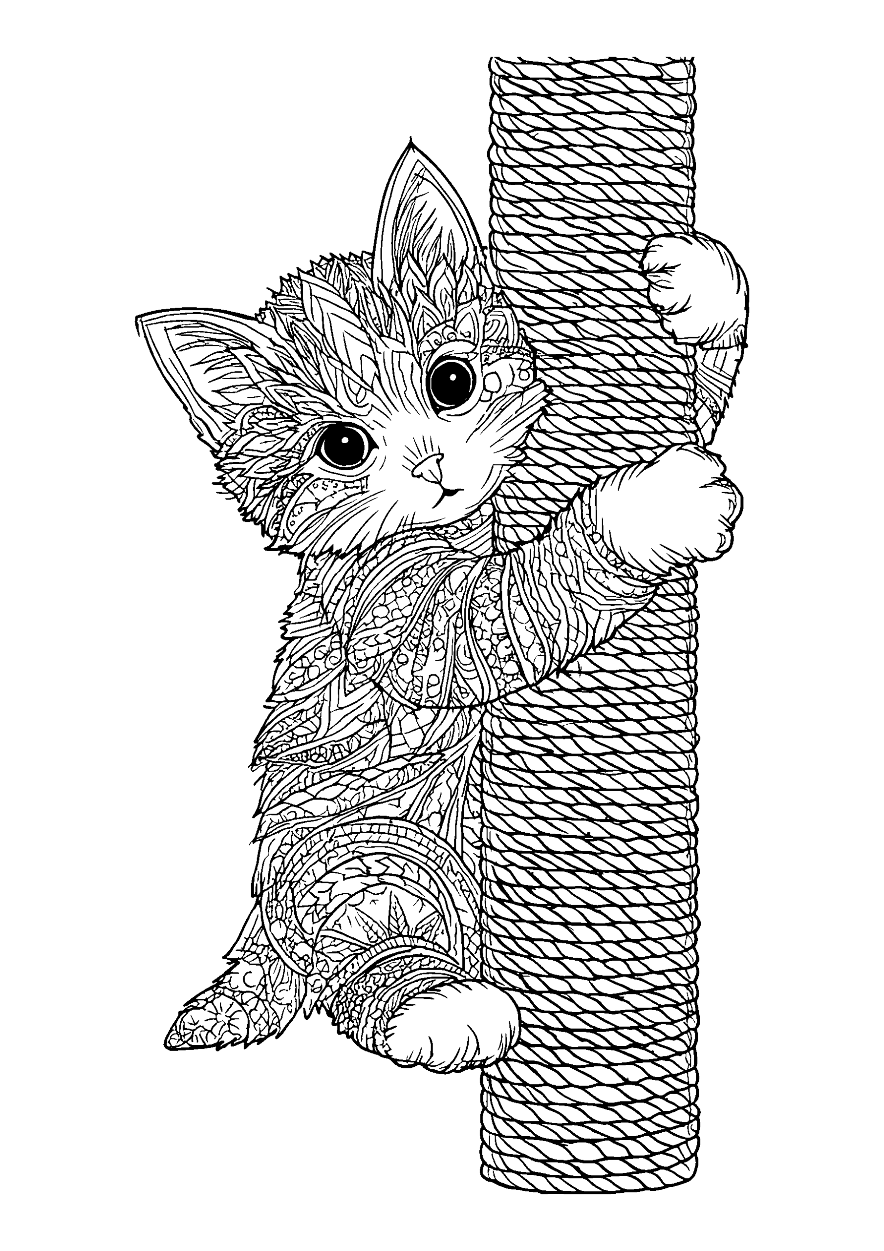 Ausmalbild Mischievous Kitten Climbing a Tall Scratching Post
