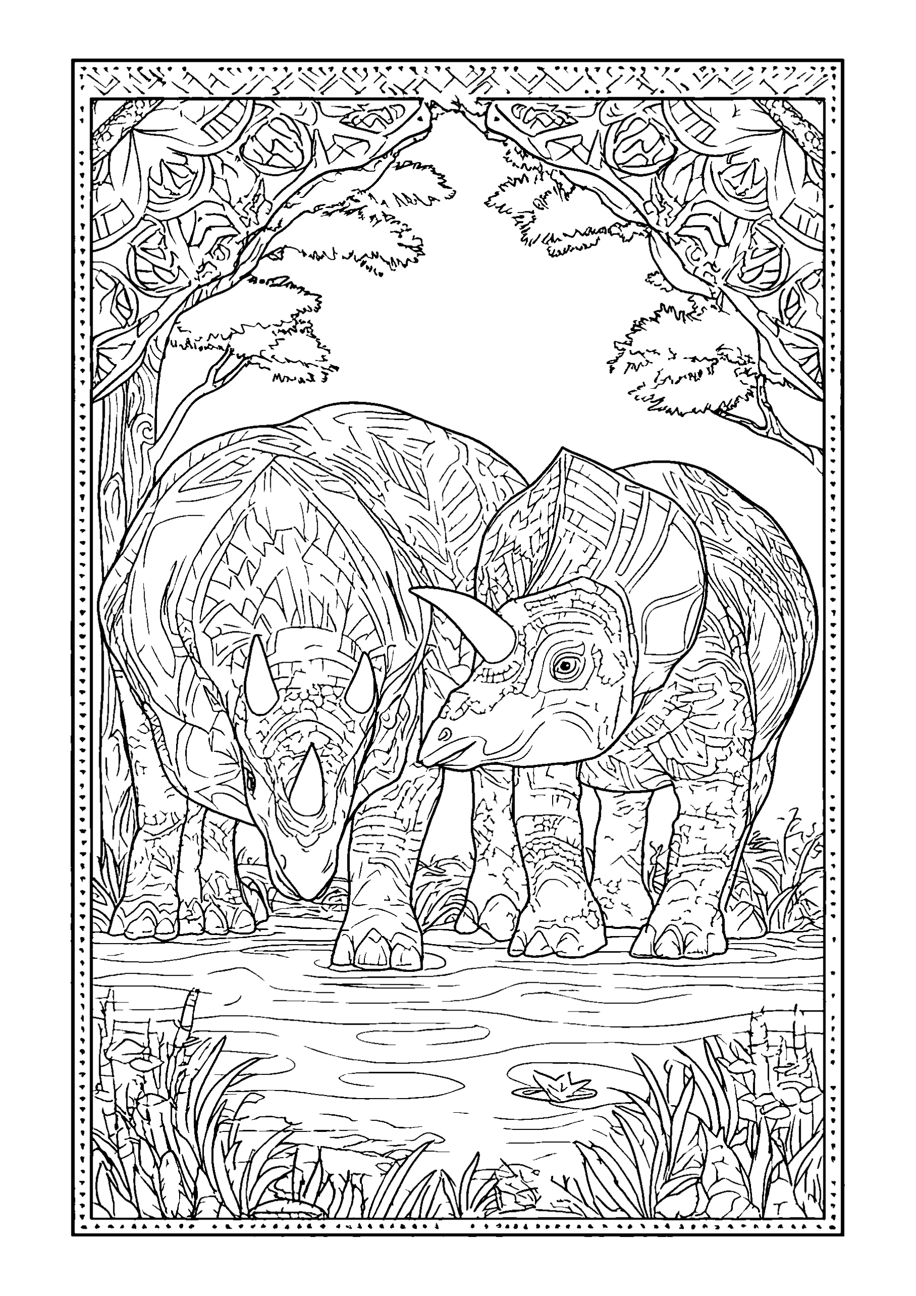 Ausmalbild Baby Stegosaurus Playing Near a Pond