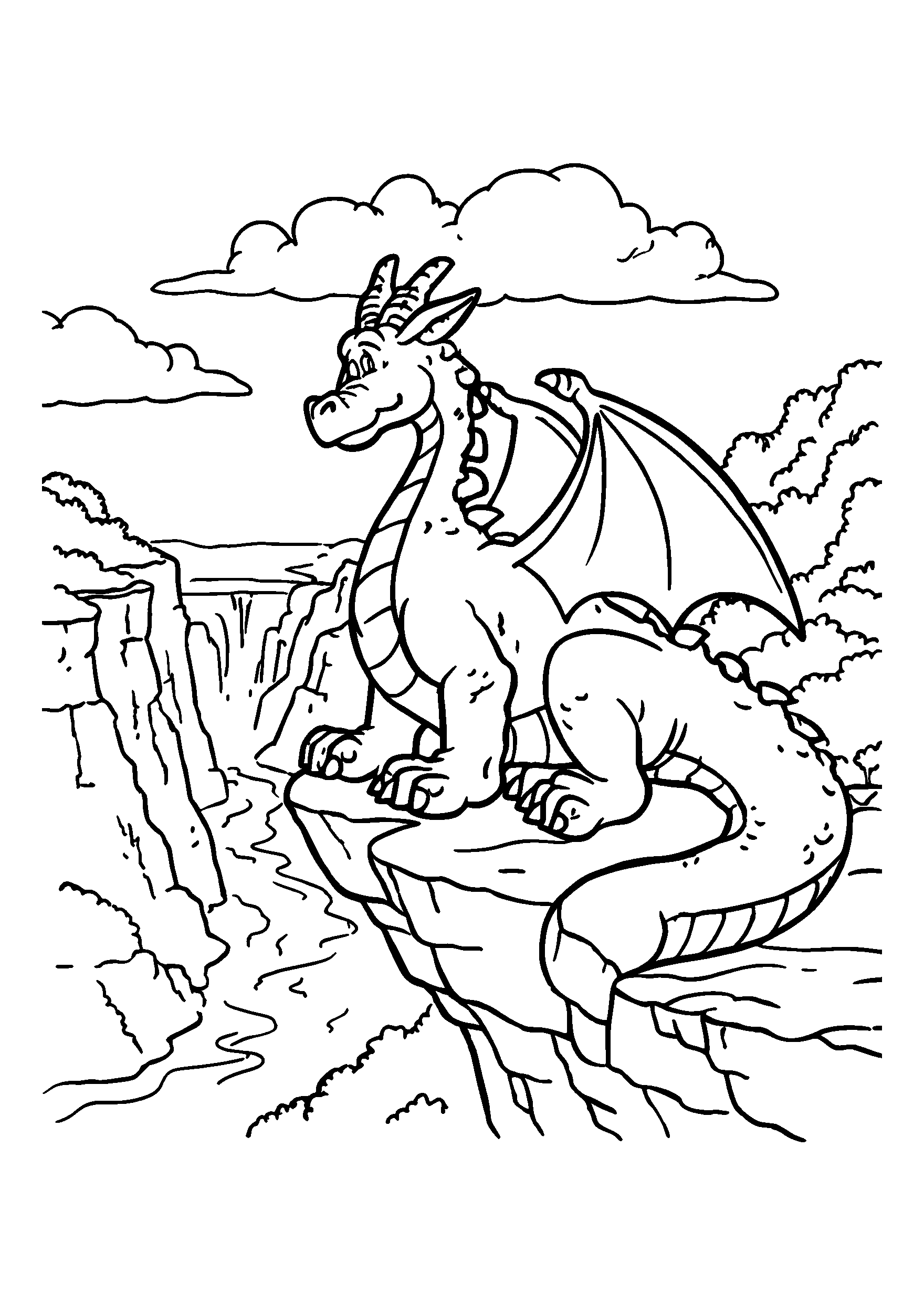 Ausmalbild Dragon Resting on a Cliff Overlooking a Vast Valley