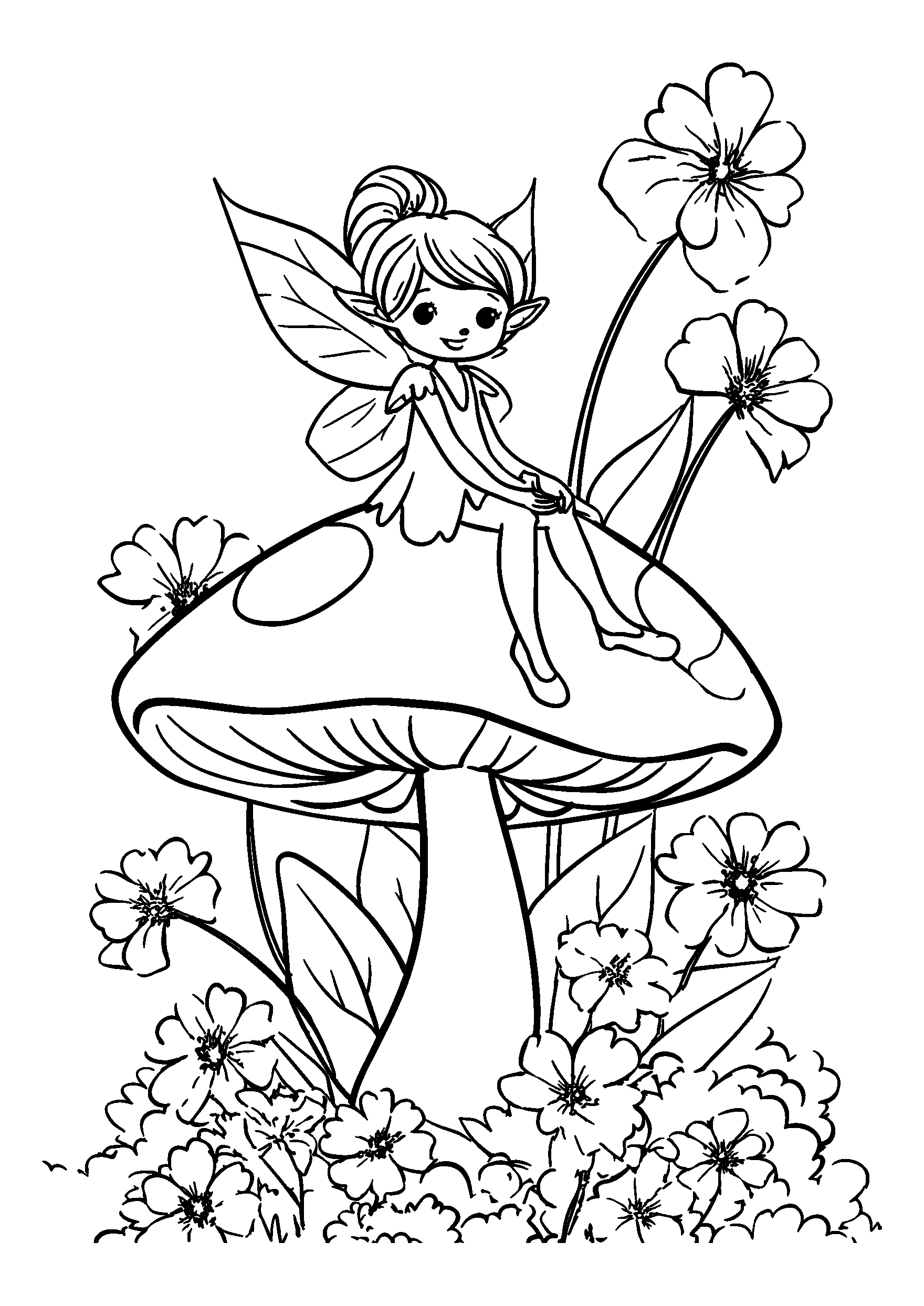 Ausmalbild Whimsical Fairy Sitting Atop a Giant Mushroom Surrounded by Flowers