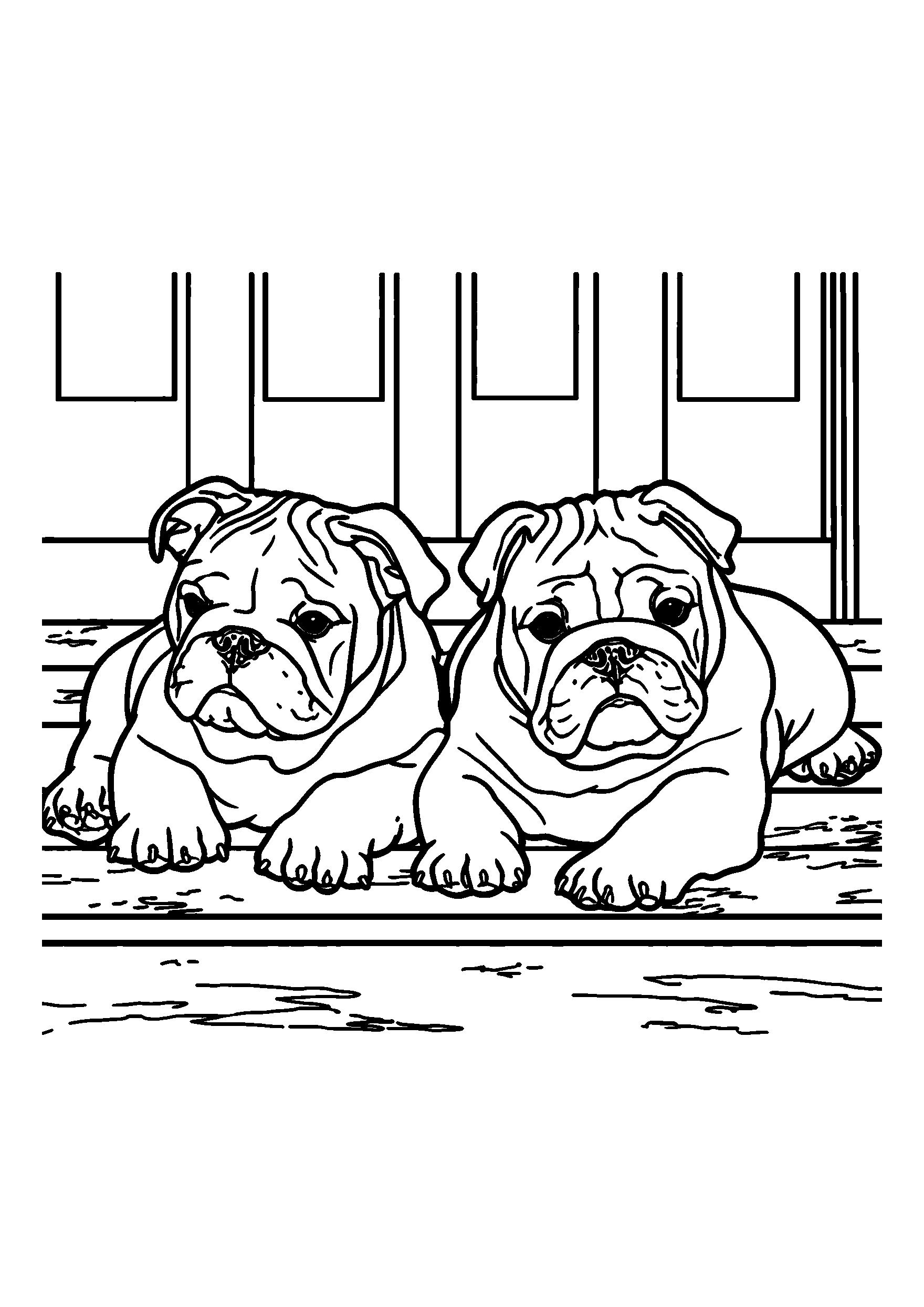 Ausmalbild Bulldogs Lounging on a Porch