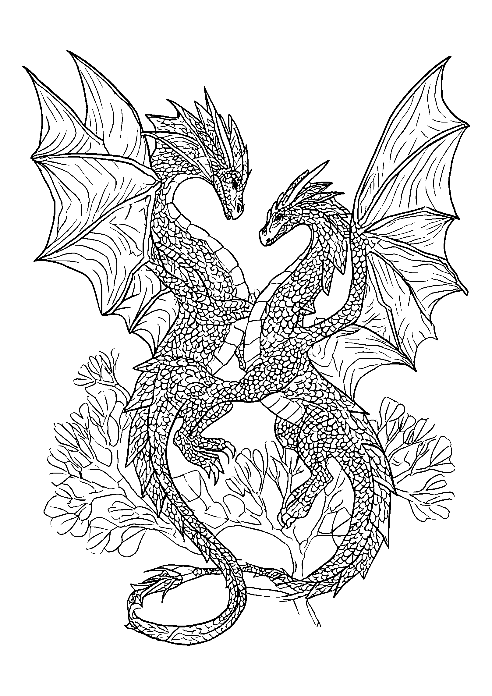 Ausmalbild Dragons Entwined in a Friendly Dance Above the Trees
