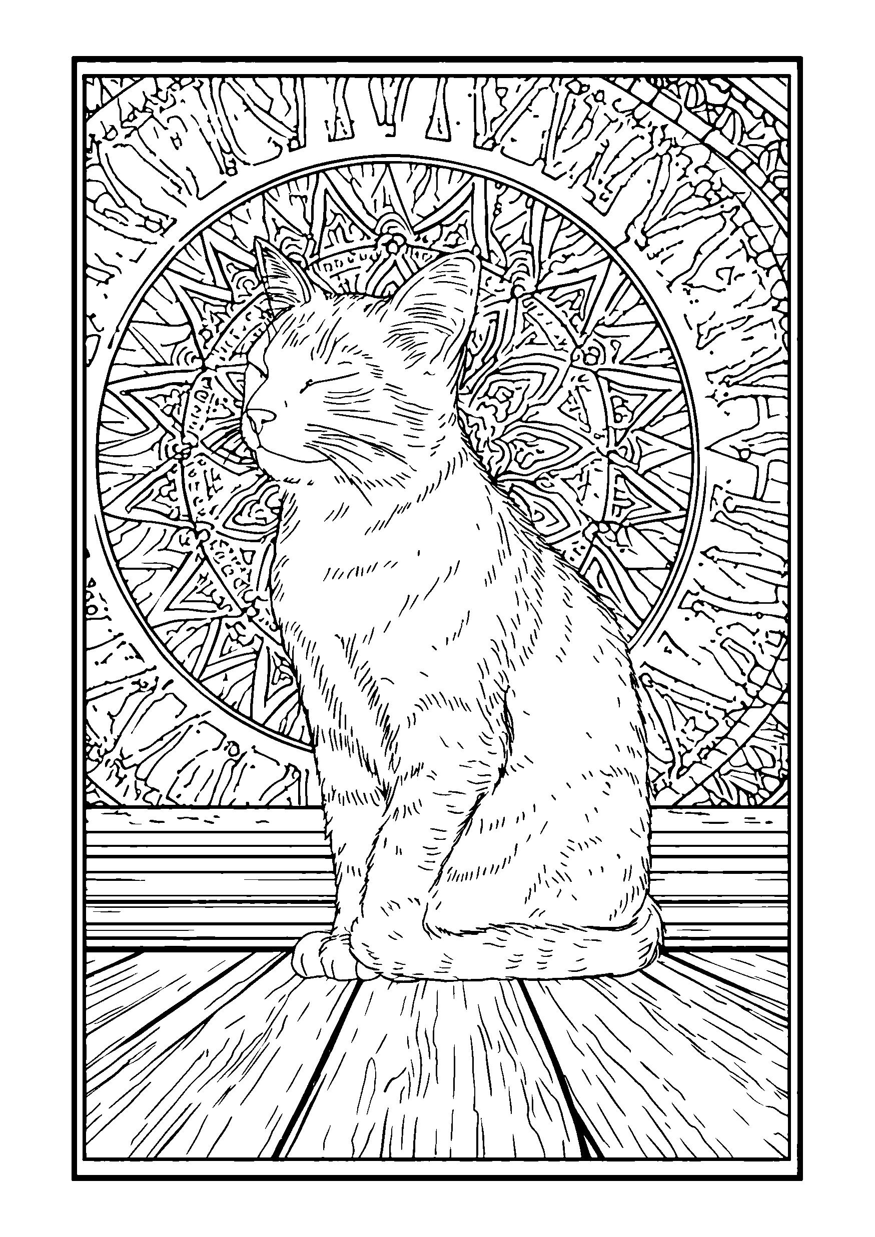 Ausmalbild Cat Relaxing in a Sunbeam on a Wooden Floor