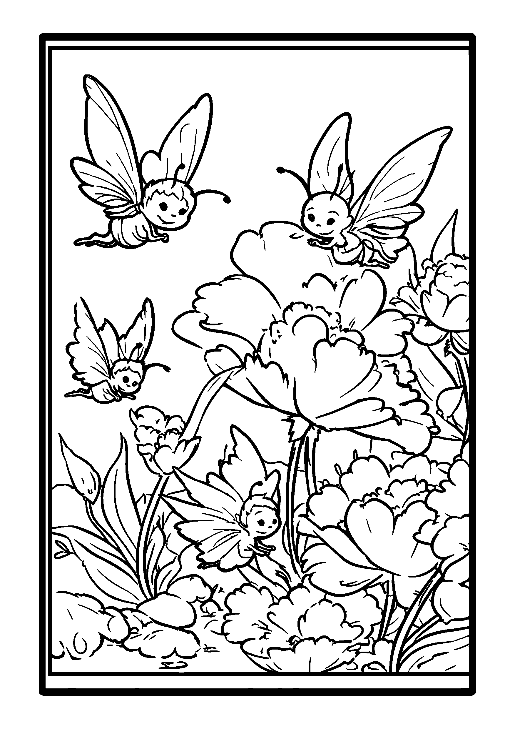 Ausmalbild Group of Dancing Fairies Among Flowers