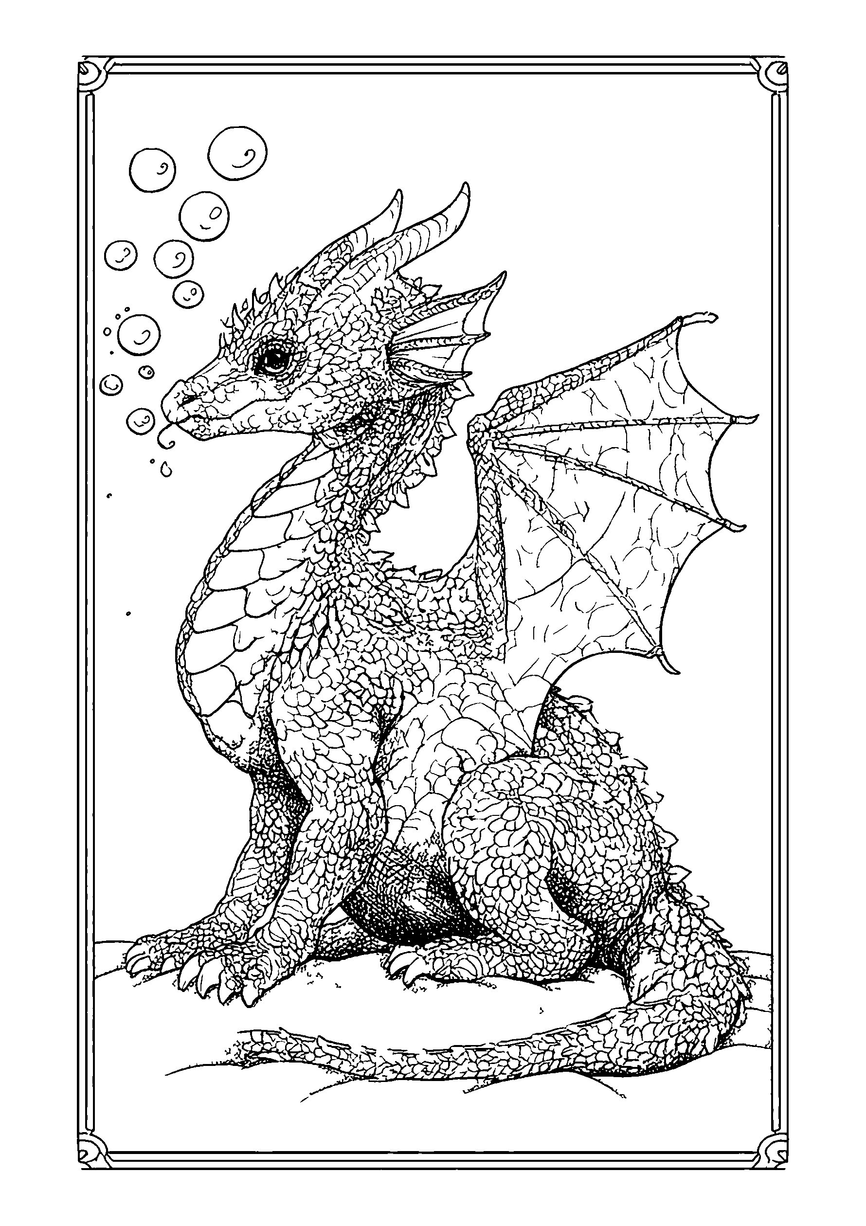 Ausmalbild Dragon Blowing Bubbles While Sitting on a Sandy Beach
