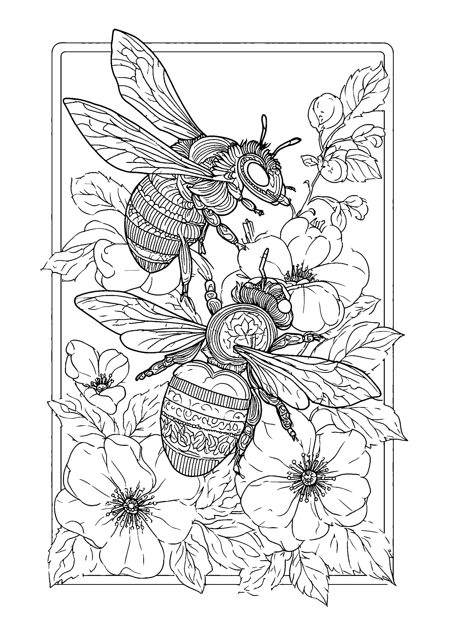 Ausmalbild Bees Working Together to Build a Hive on a Flower