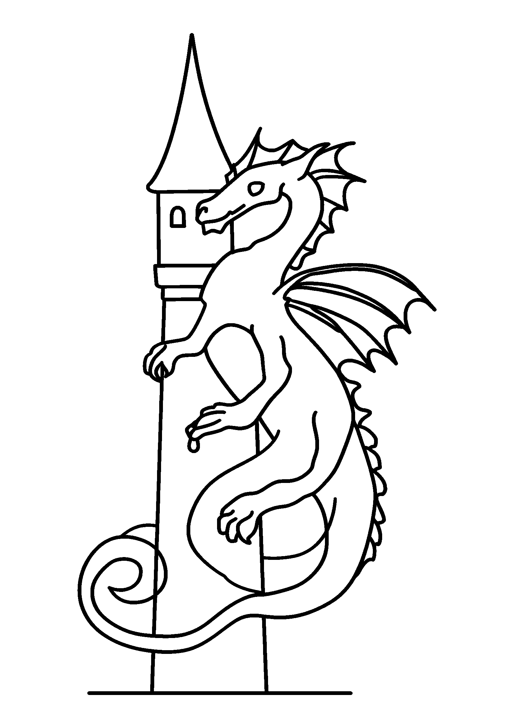 Ausmalbild Dragon with a Long Tail Curling Around a Tall Tower