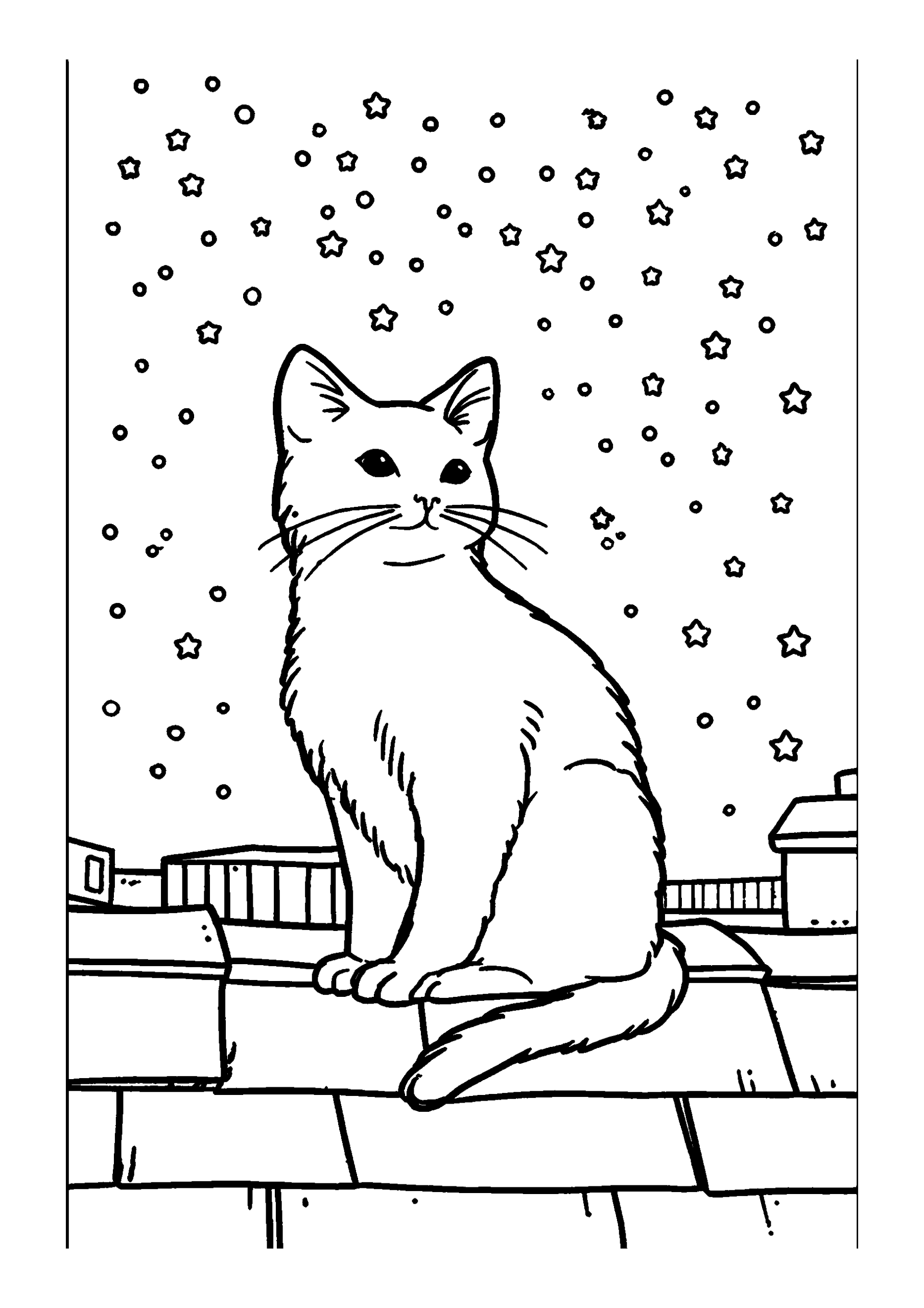 Ausmalbild Cat Sitting on a Rooftop under a Starry Sky