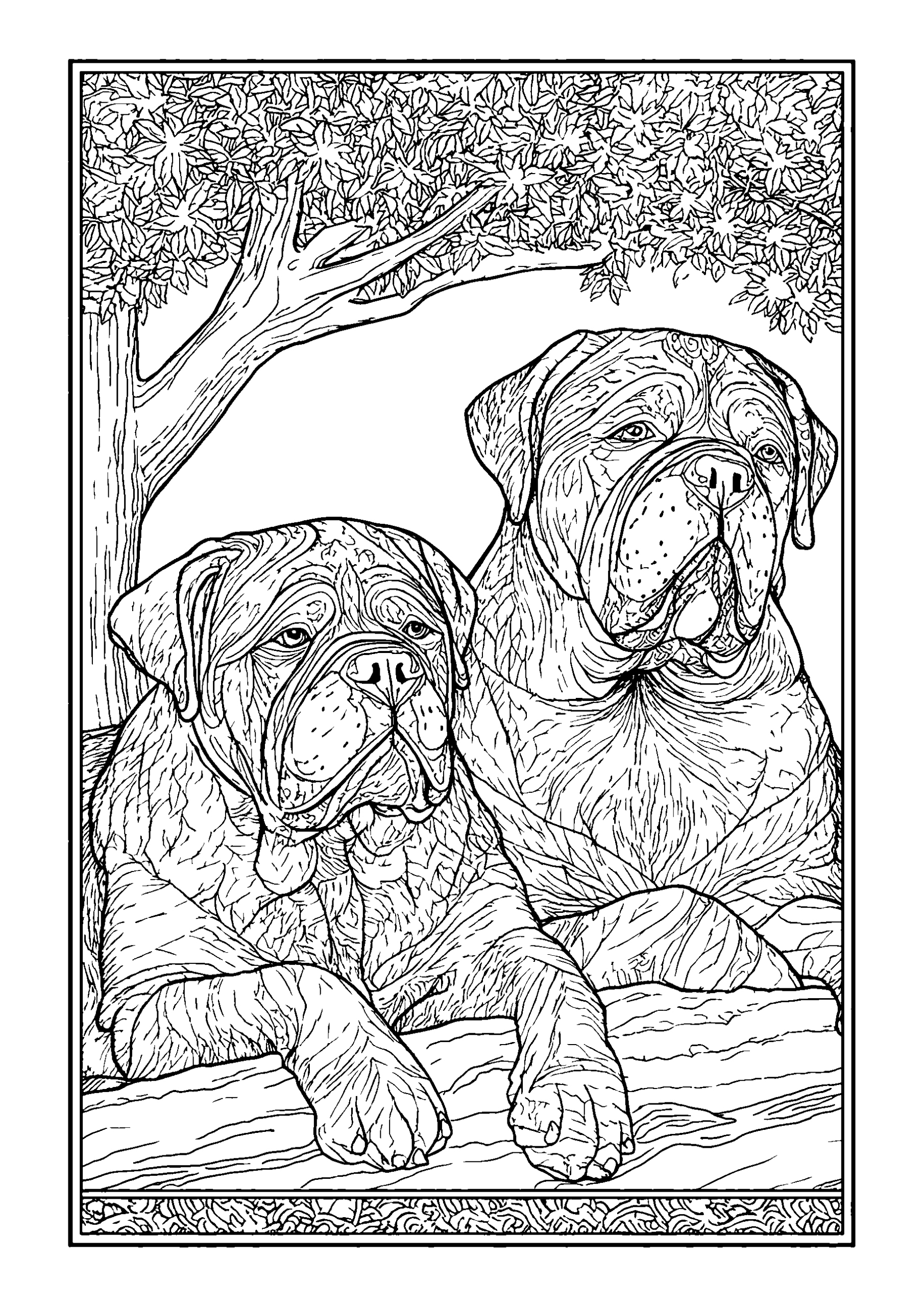 Ausmalbild Mastiffs Resting in the Shade of a Tree