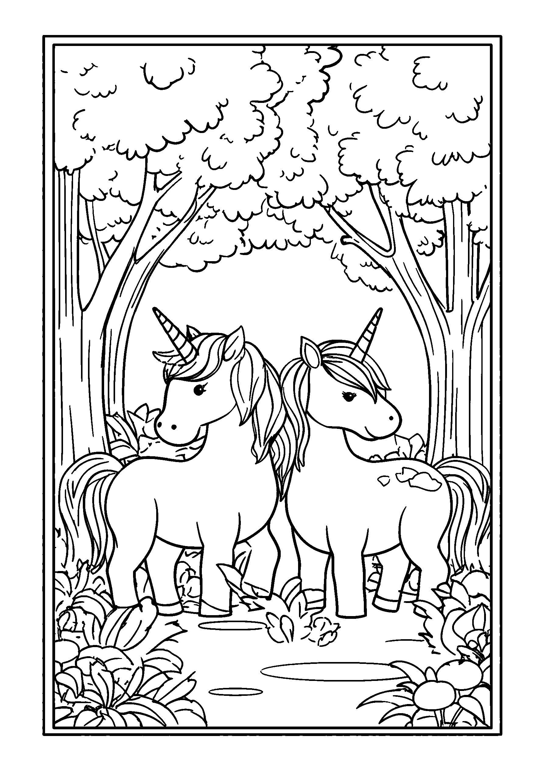 Ausmalbild Unicorns Playing Hide and Seek Among Trees