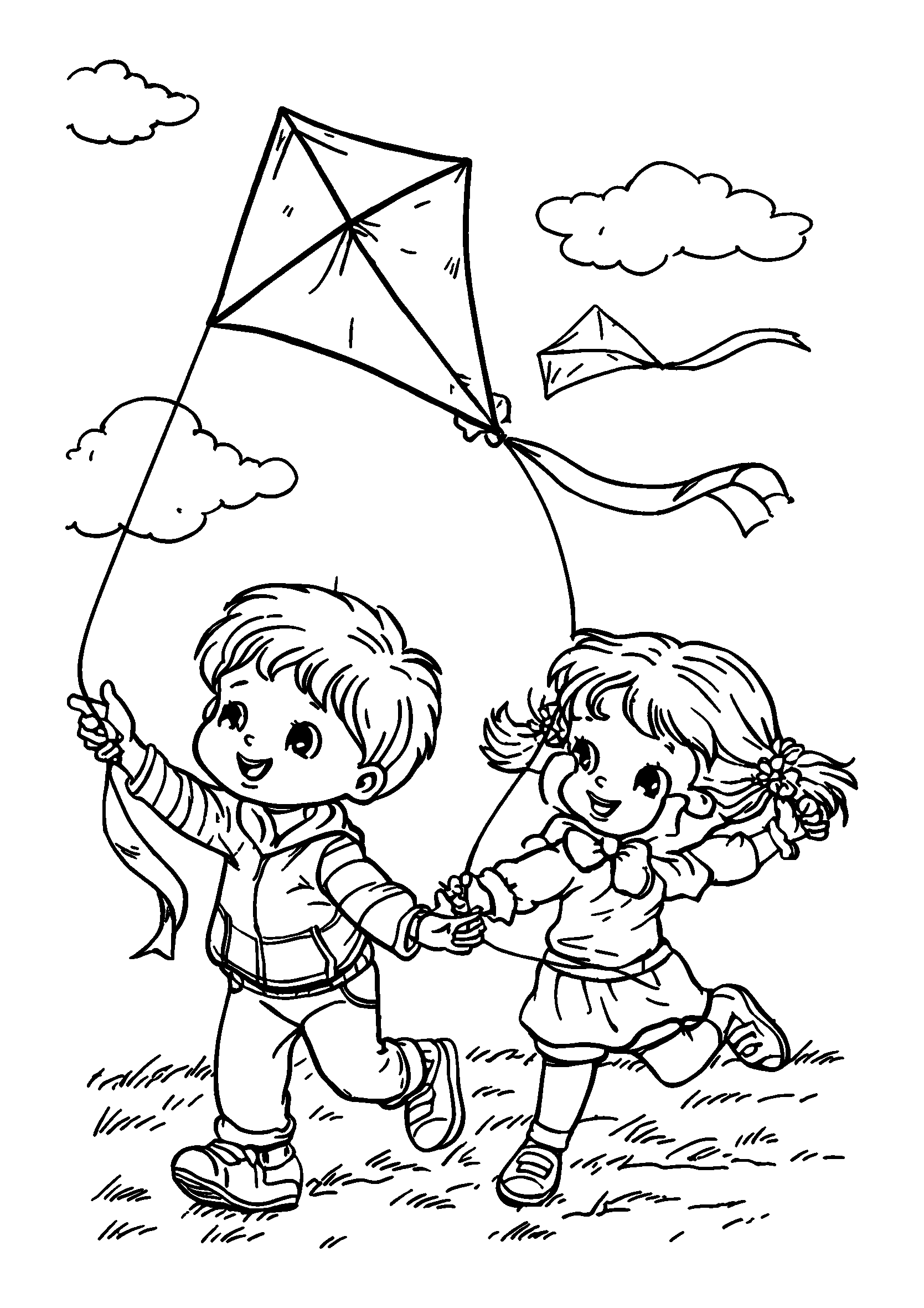 Ausmalbild Children Flying Kites on a Breezy Day