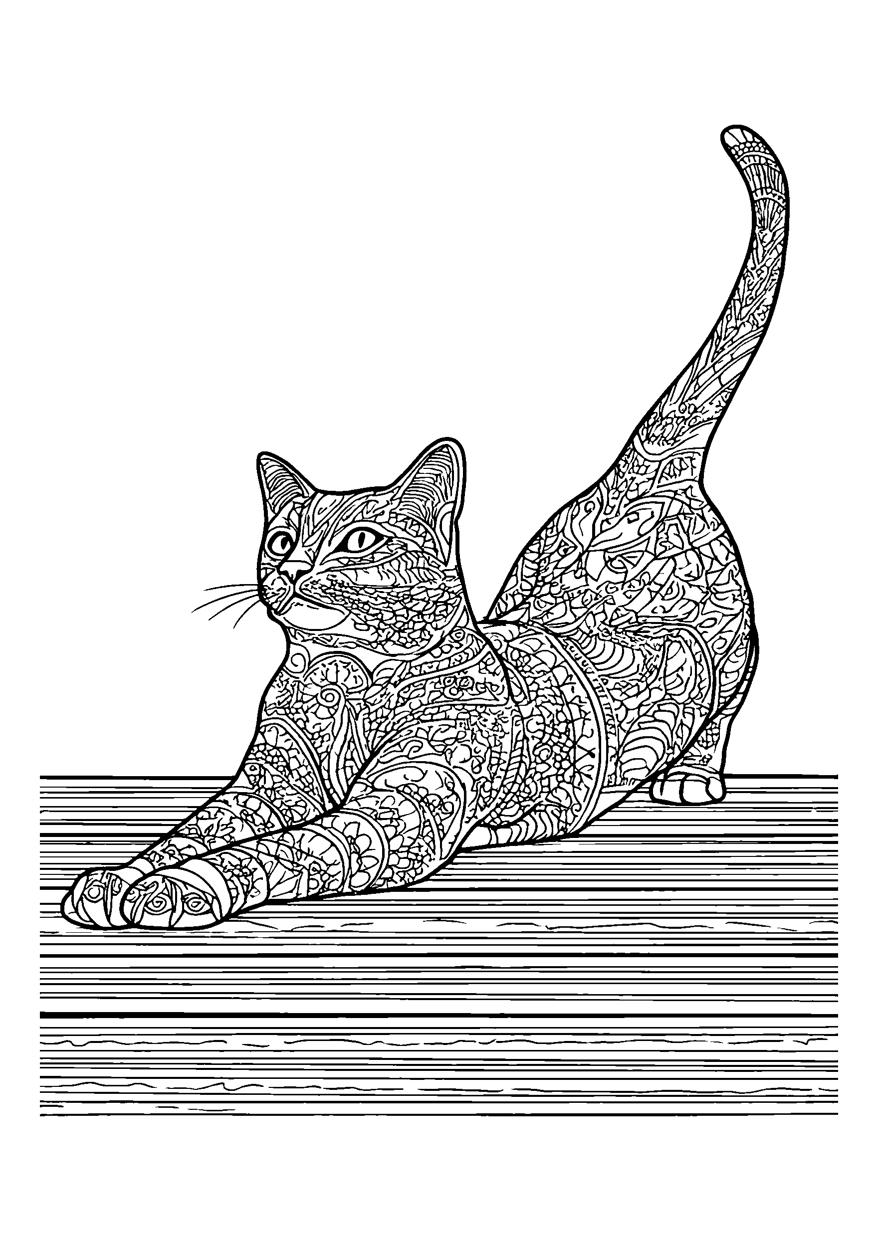 Ausmalbild Cat Stretching Elegantly on a Warm Sidewalk