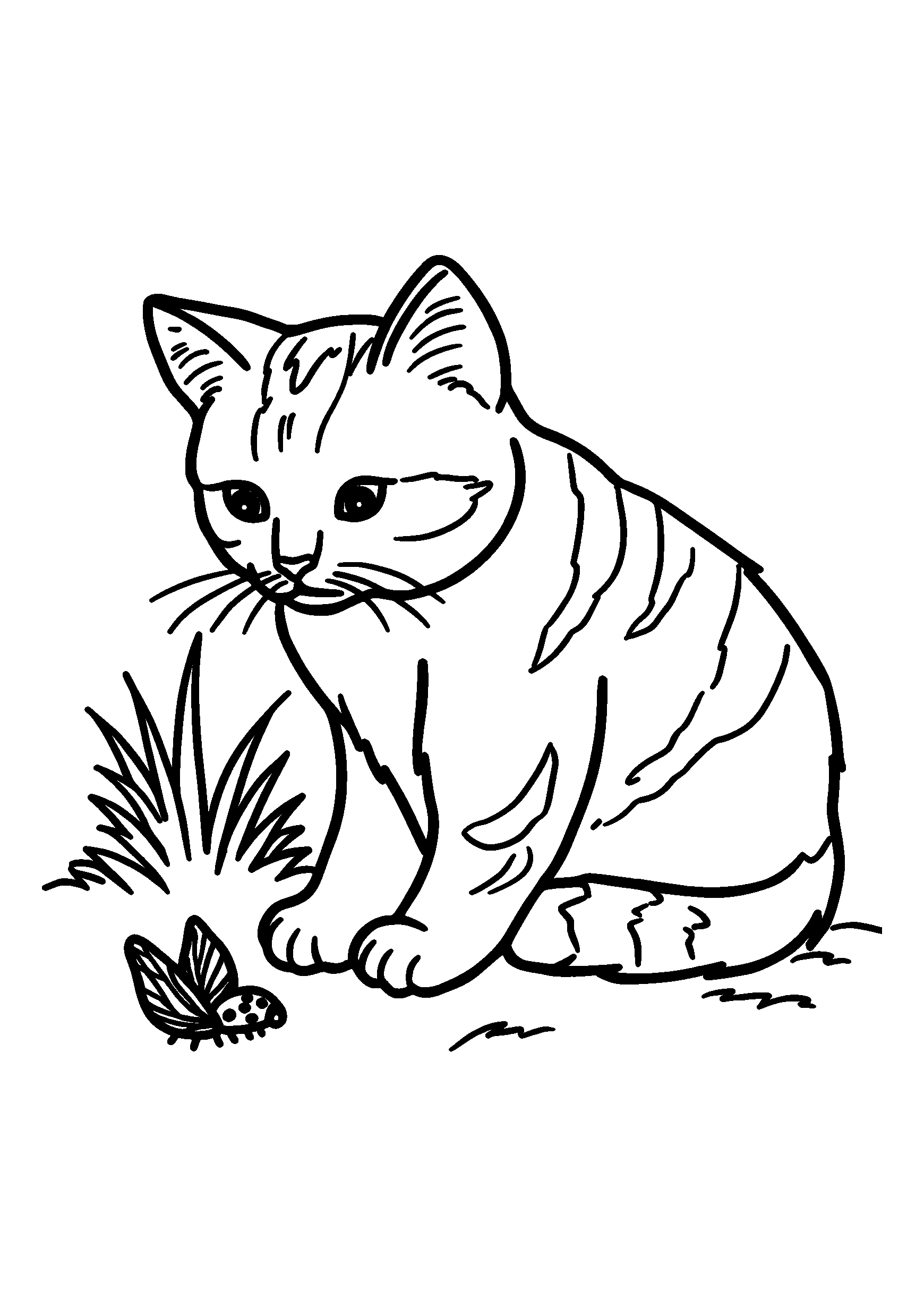 Ausmalbild Tabby Cat Staring Intently at a Ladybug on the Grass