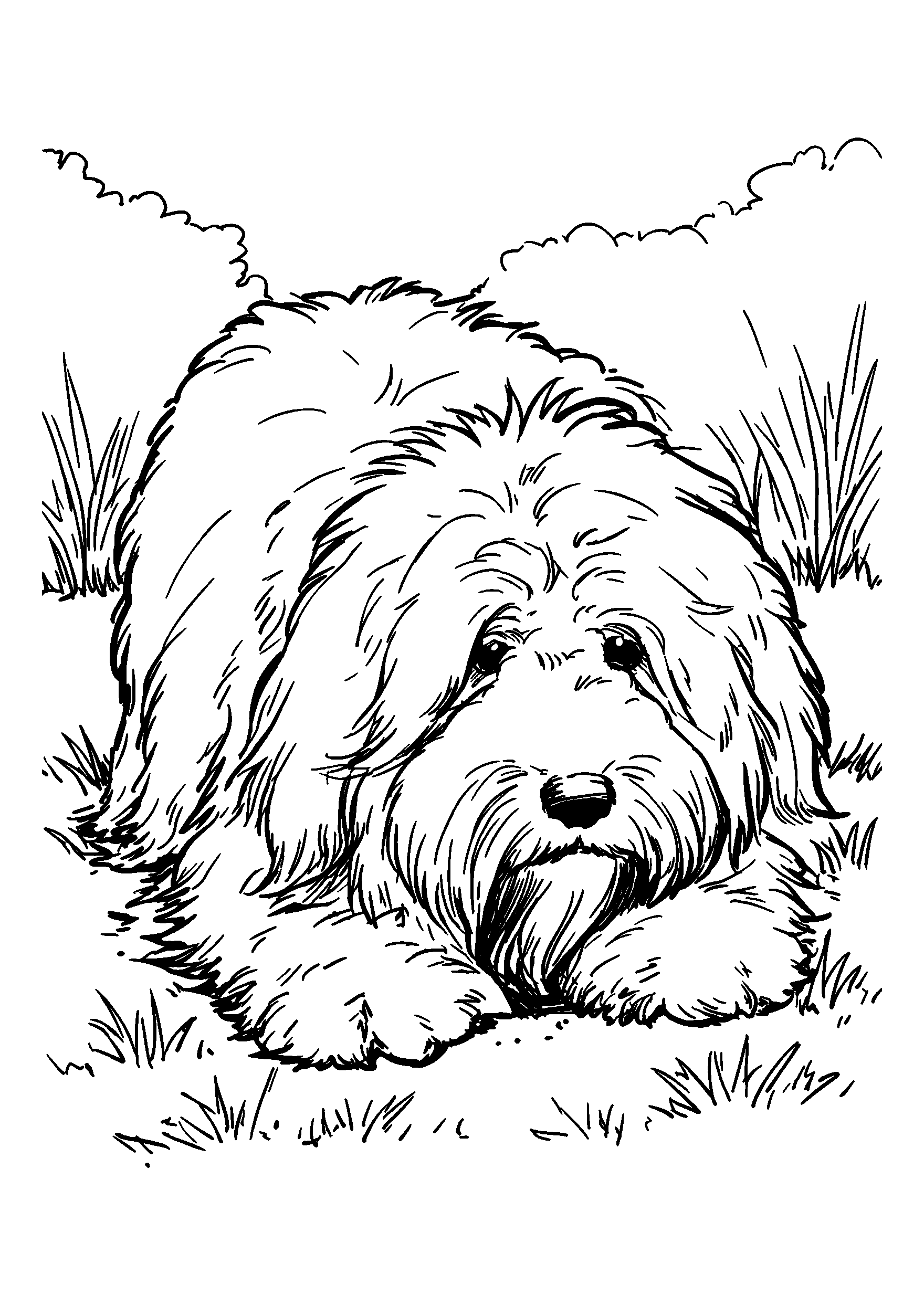 Ausmalbild Bearded Collie Rolling in the Grass