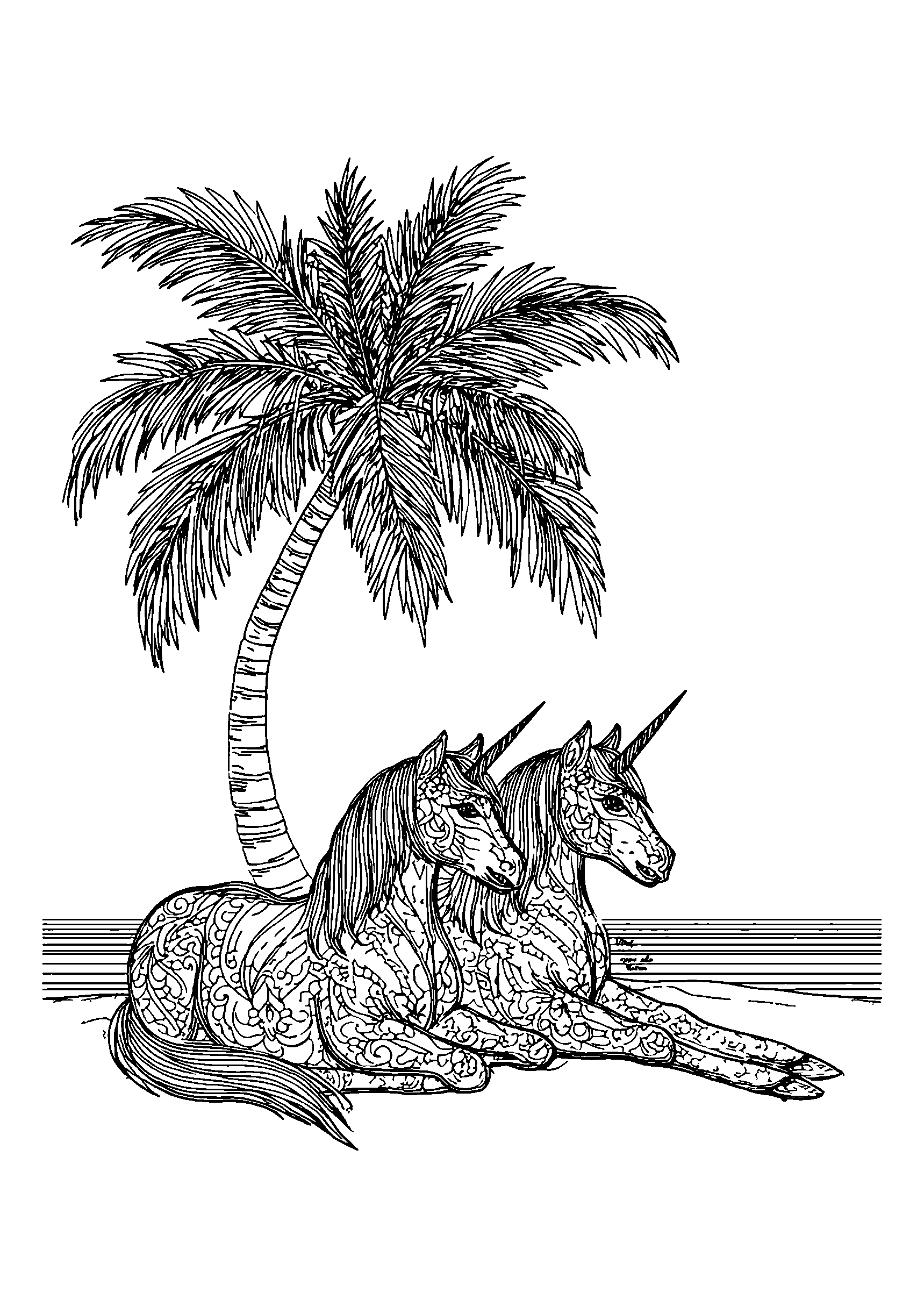 Ausmalbild Unicorns Lounging under a Palm Tree on a Beach
