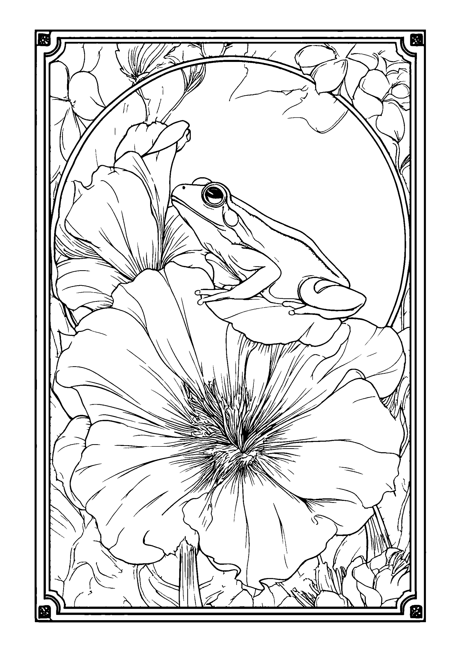 Ausmalbild Close View of a Lily with a Frog Sitting on its Leaf