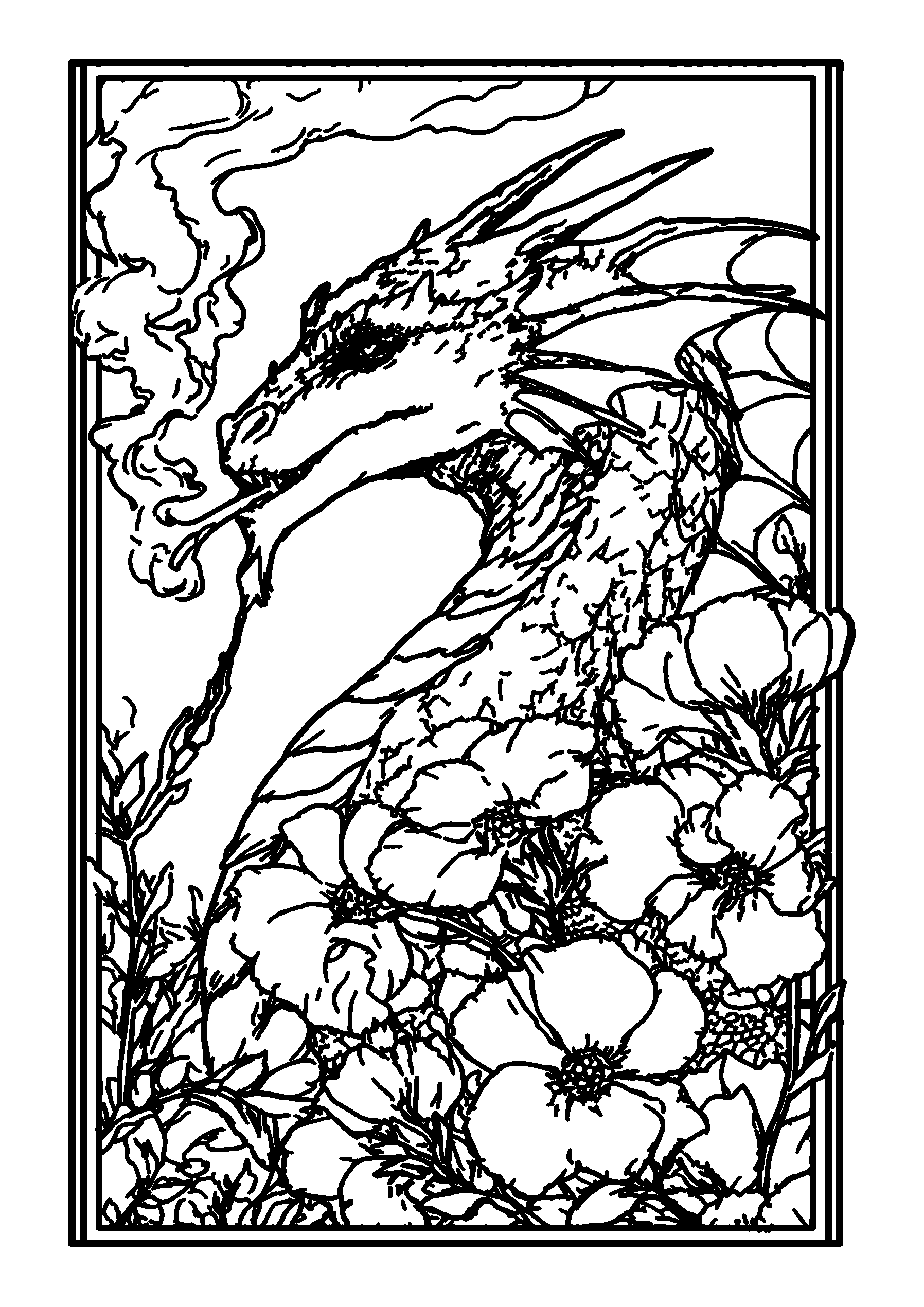 Ausmalbild Dragon Blowing Smoke Rings While Sitting by a Campfire