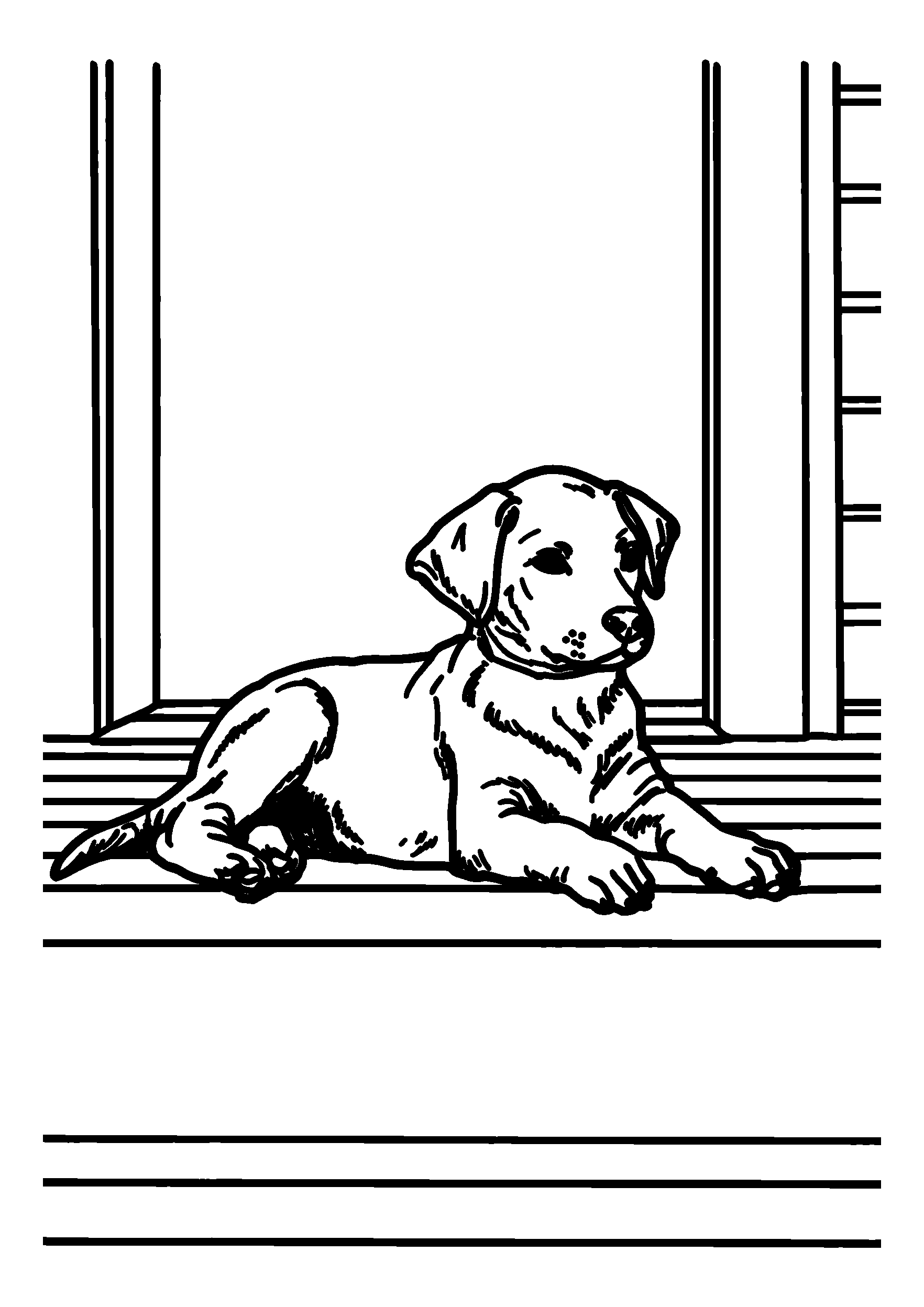 Ausmalbild Hound Dog Lounging on a Sunny Porch Step