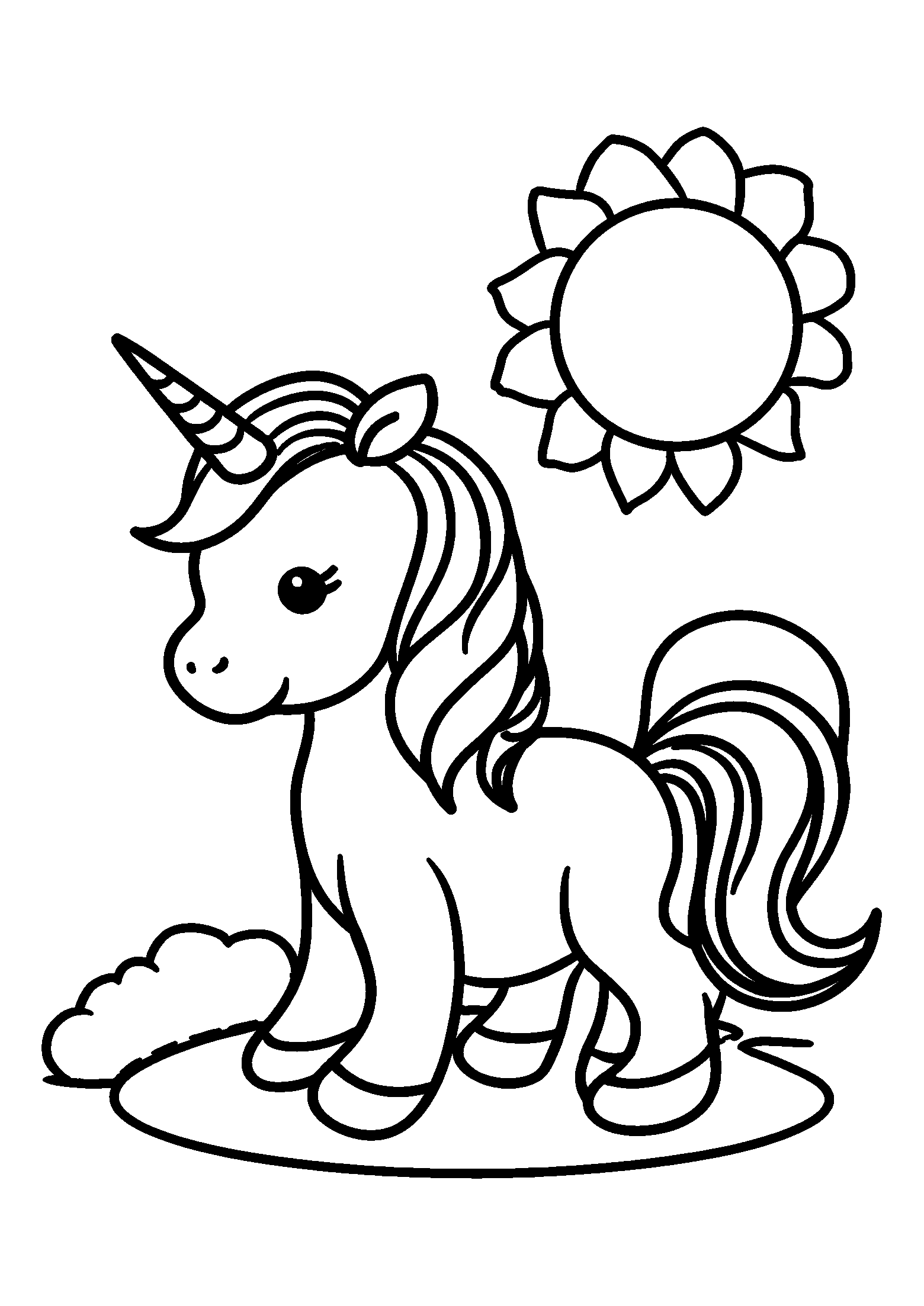 Ausmalbild Unicorn with a Sparkling Horn under a Bright Sun