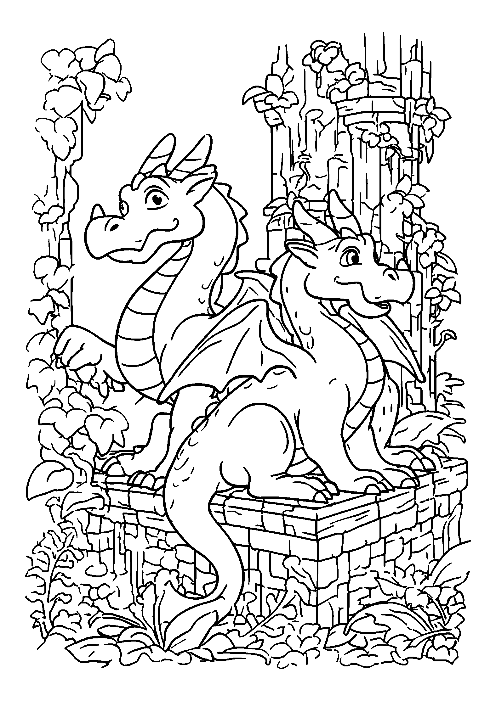 Ausmalbild Dragons Exploring an Ancient Ruin Covered in Vines