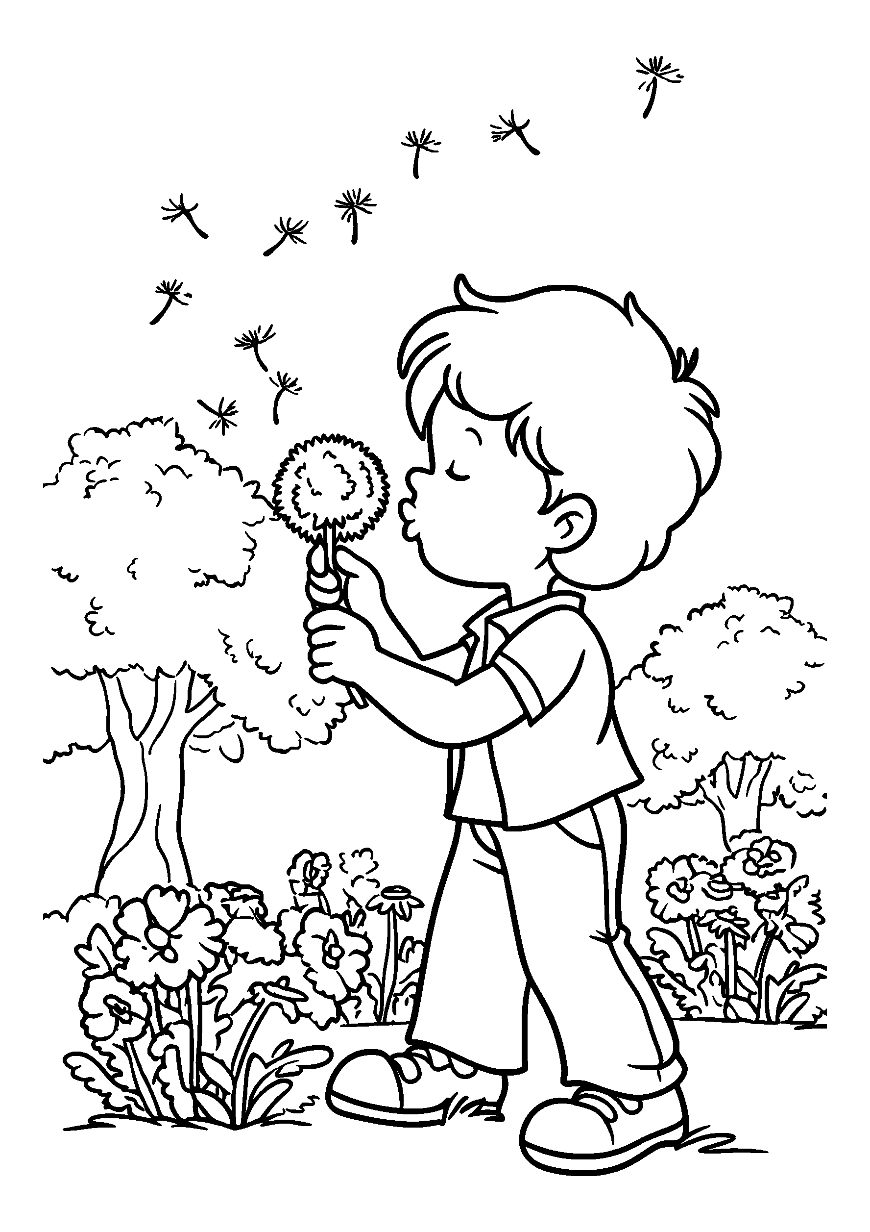 Ausmalbild Child Blowing Dandelion Seeds in a Sunny Park