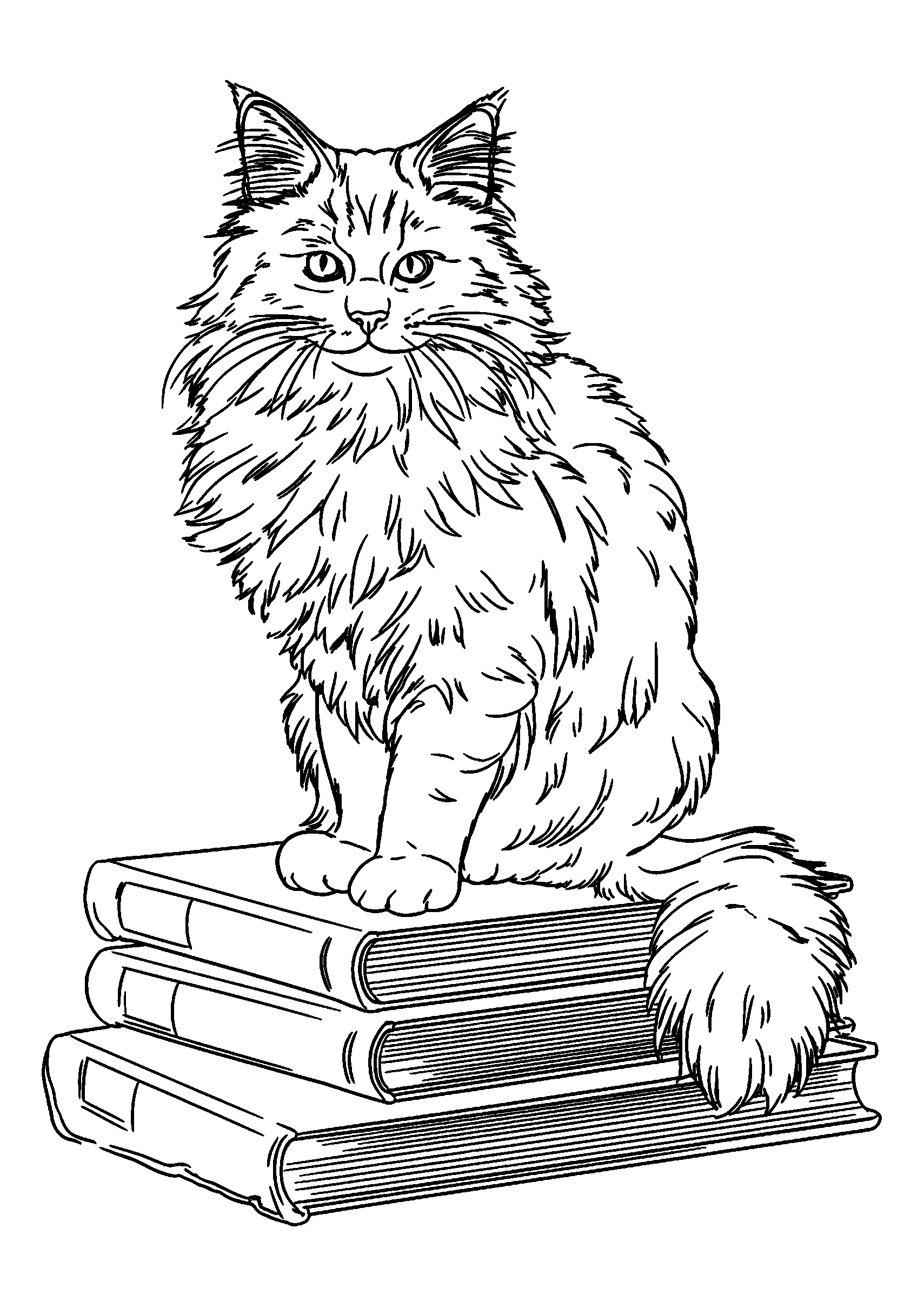 Ausmalbild Fluffy Cat Posing Dramatically Atop a Stack of Books