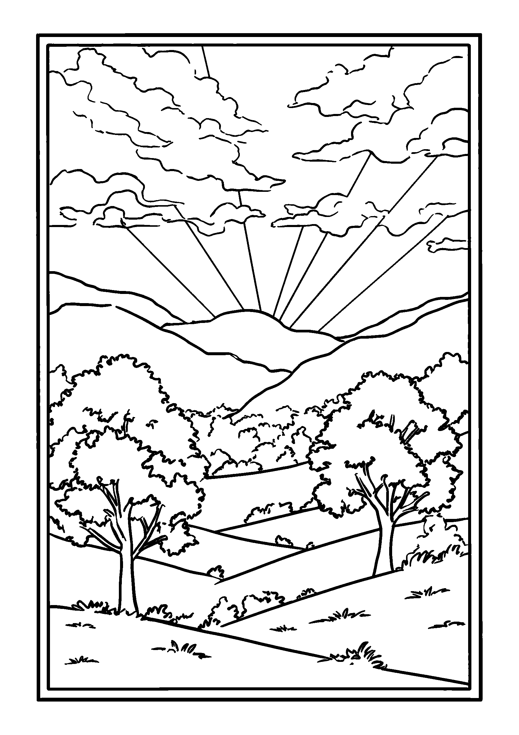 Ausmalbild Stunning Sunrise over Rolling Hills with Trees