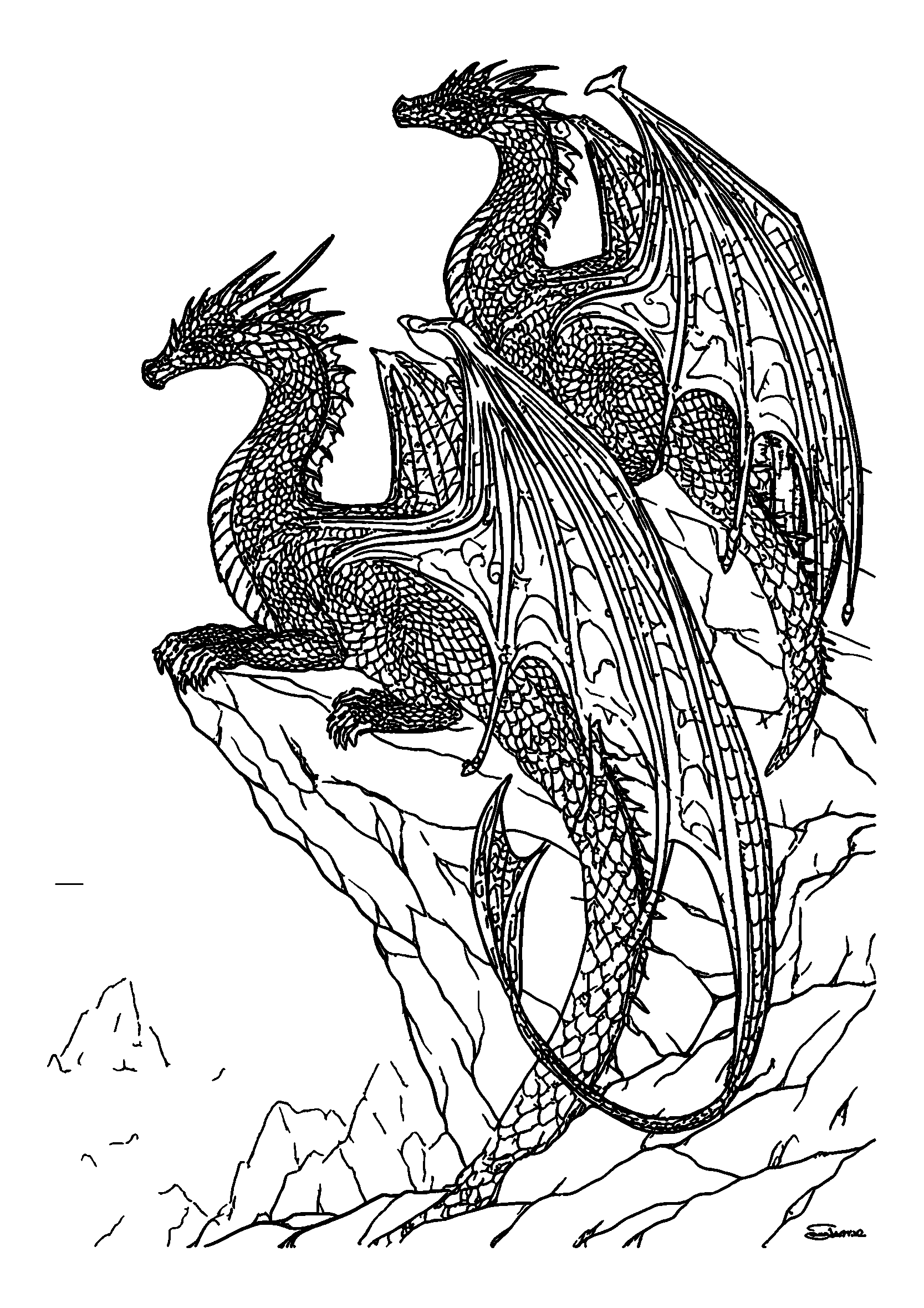 Ausmalbild Dragon Standing Proud on a Cliff Edge Looking out over the Sea