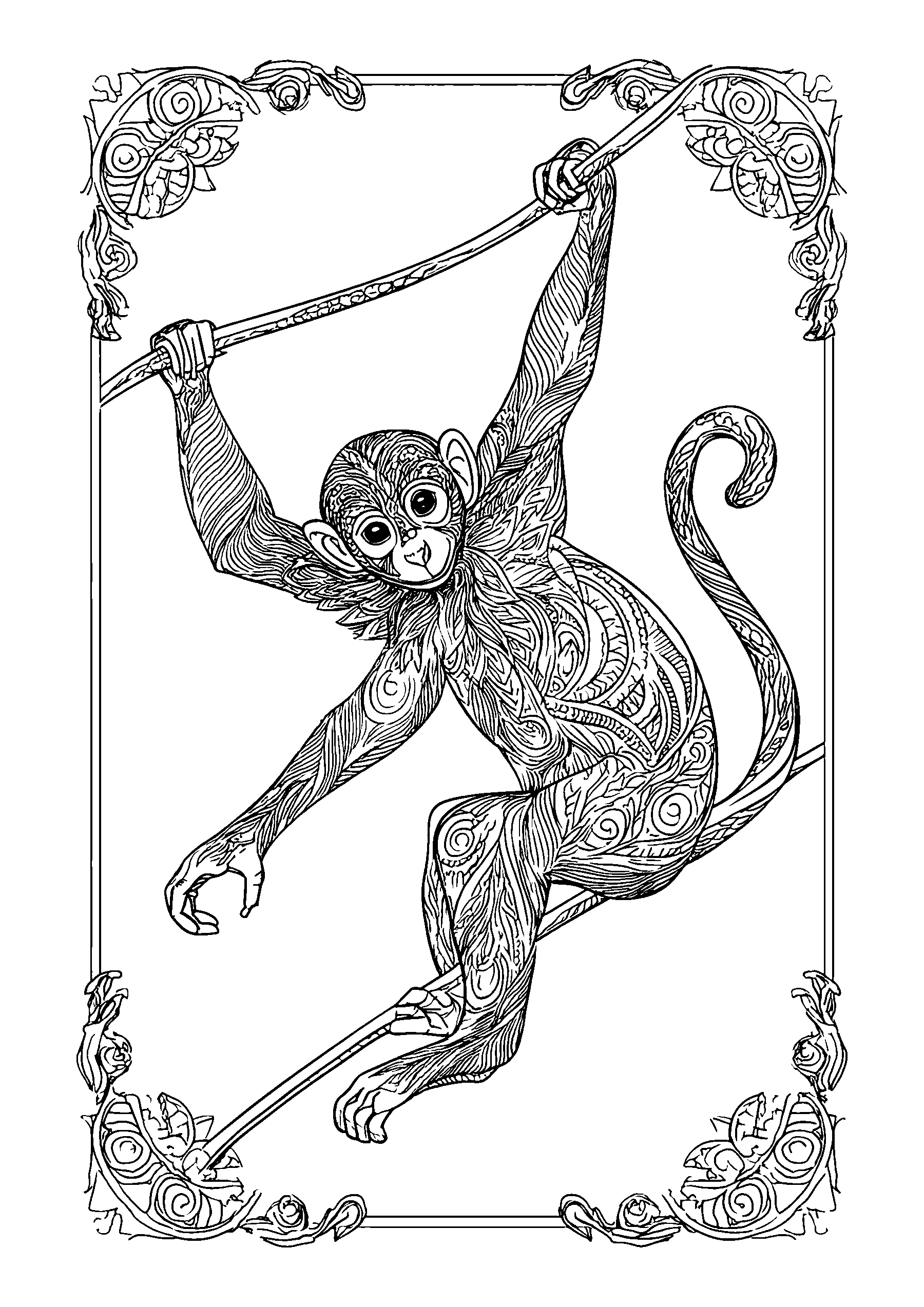 Ausmalbild Playful Monkey Swinging from Vine to Vine