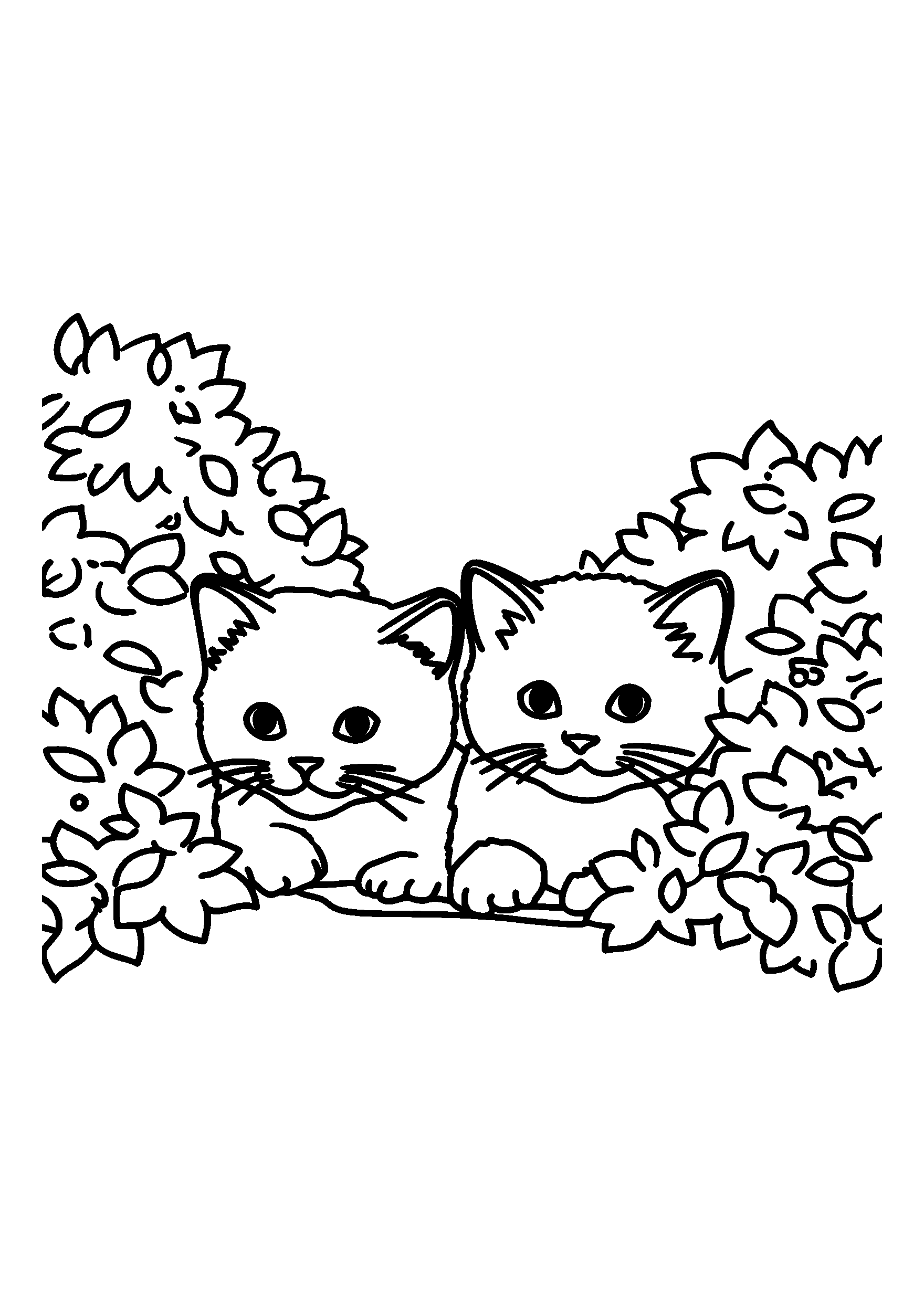 Ausmalbild Kittens Peeking out from Behind Garden Bushes