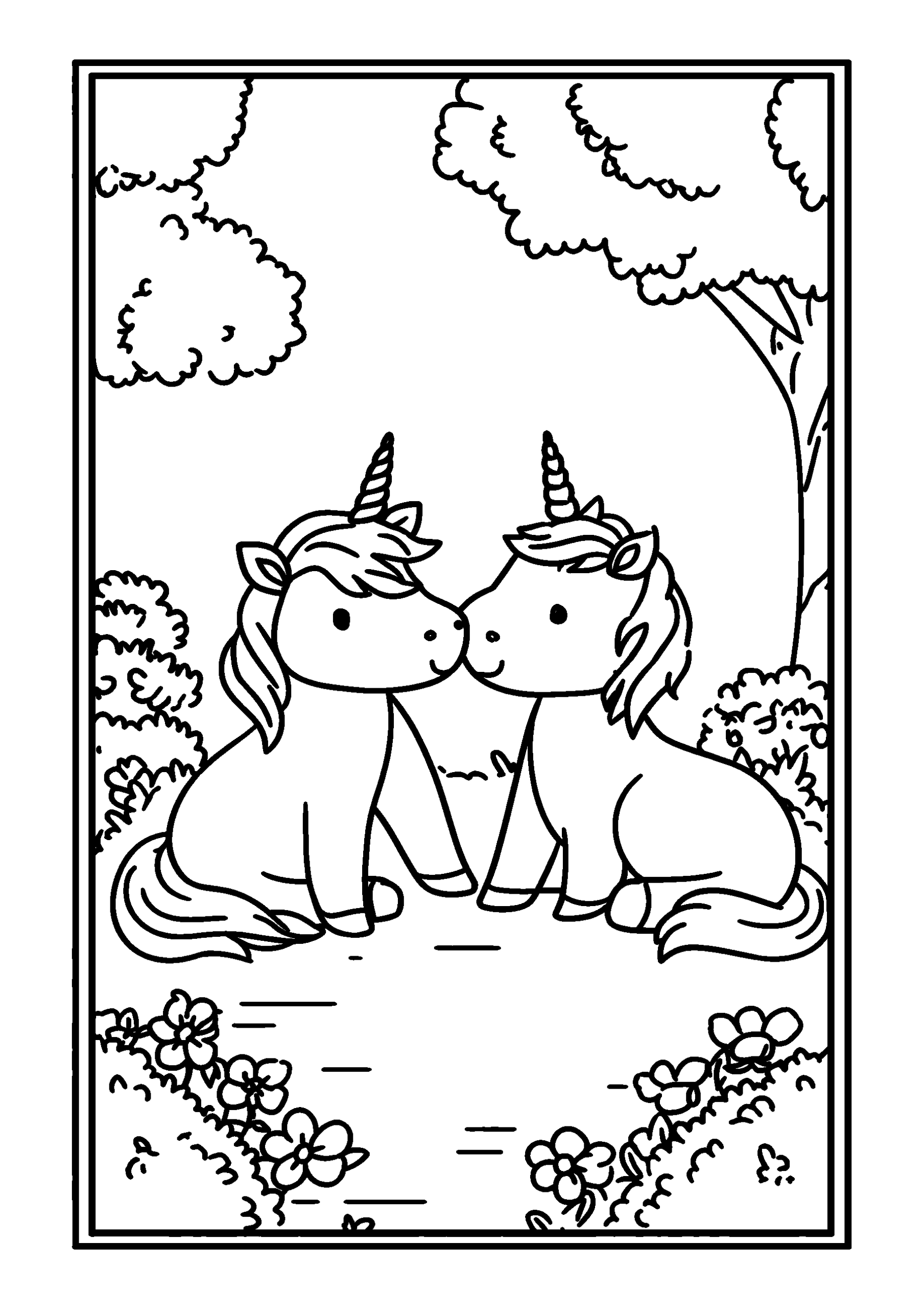 Ausmalbild Unicorns Sharing Secrets in a Sunny Glade