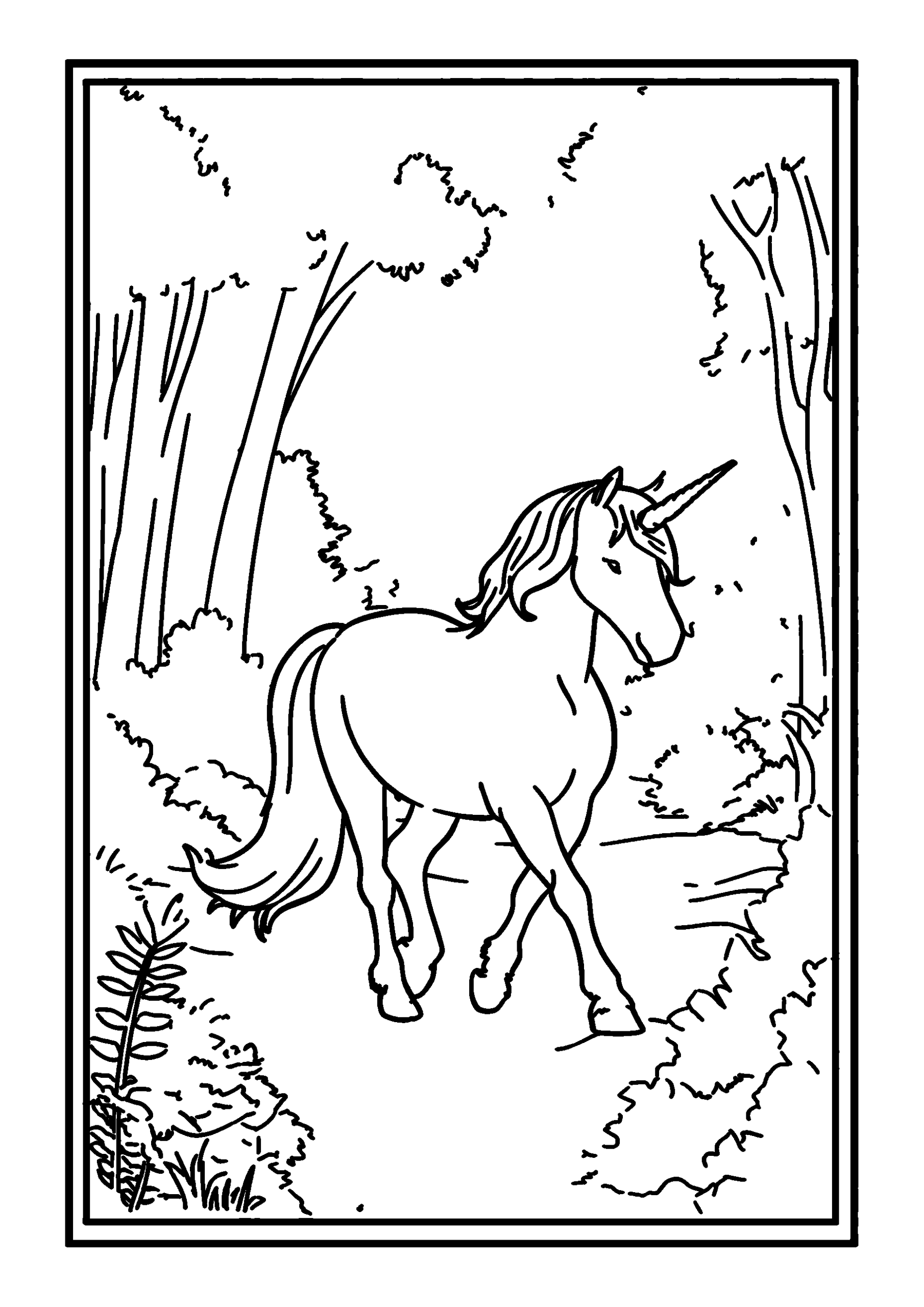 Ausmalbild Unicorn Walking Through a Misty Enchanted Forest