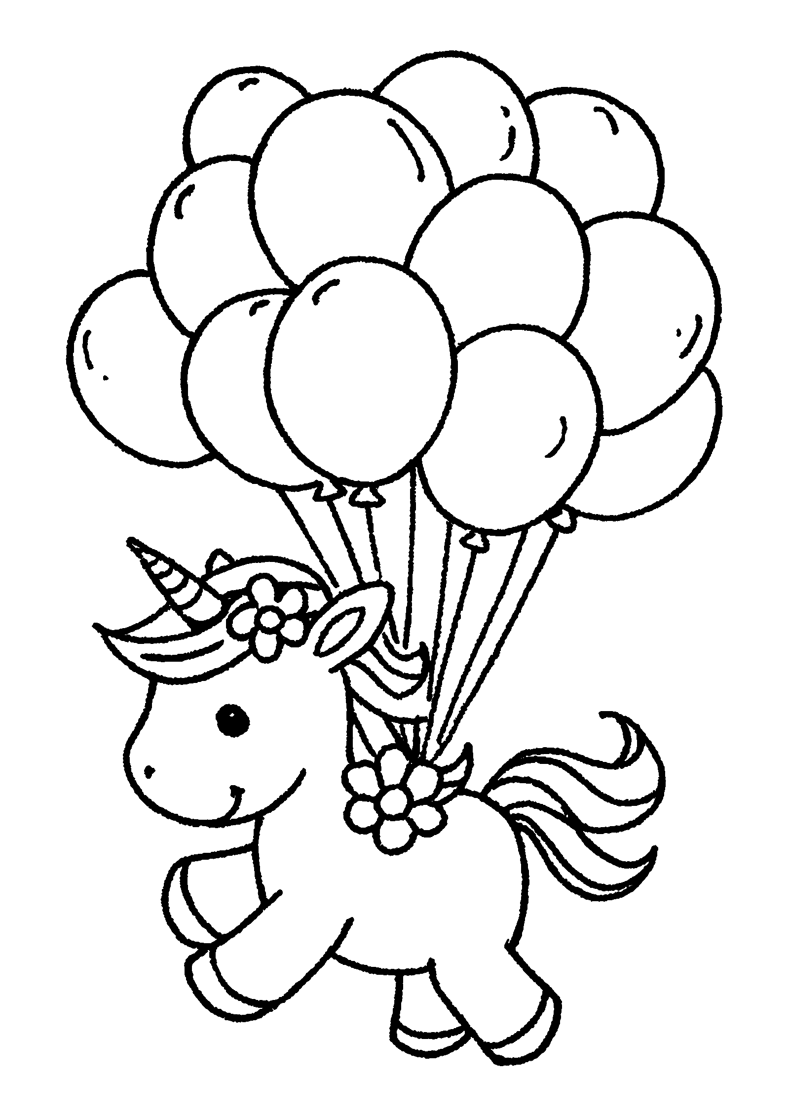 Ausmalbild Unicorn Surrounded by Colorful Balloons Floating Away