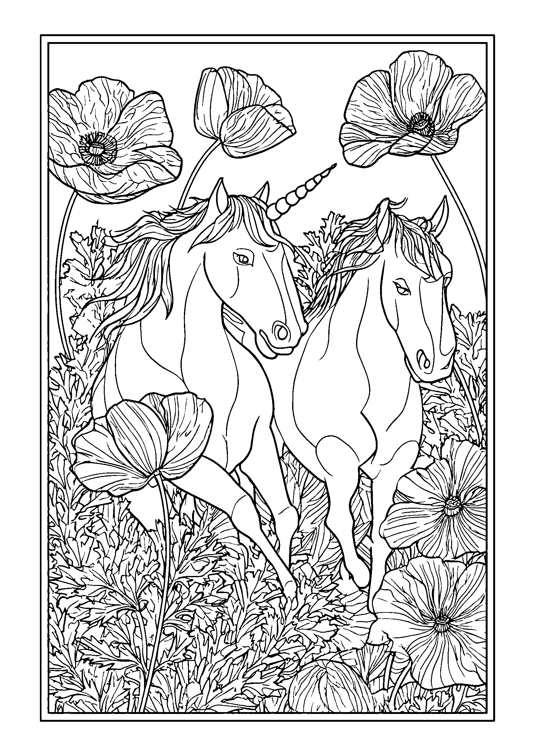 Ausmalbild Unicorns Frolicking in a Field of Poppies