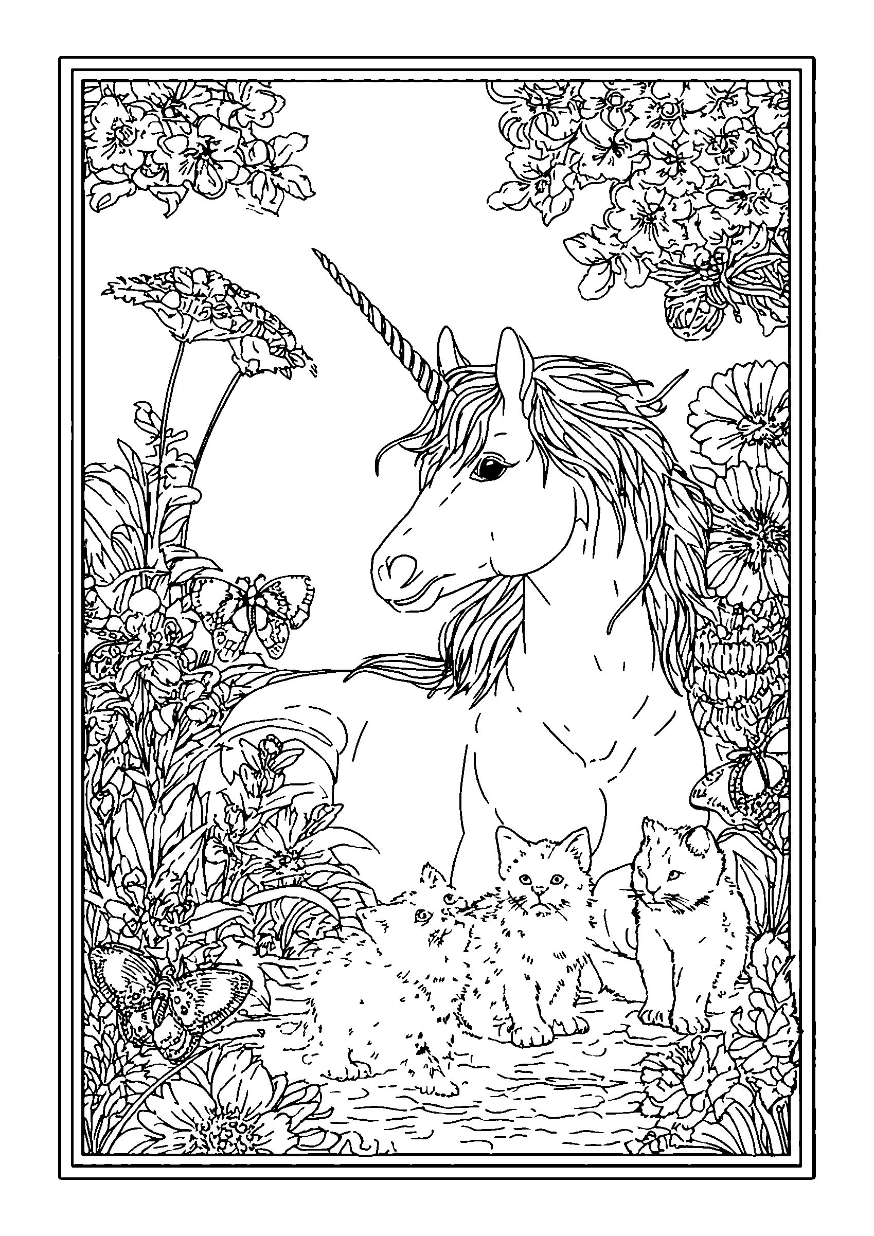 Ausmalbild Unicorn Playing with Kittens in a Quaint Garden