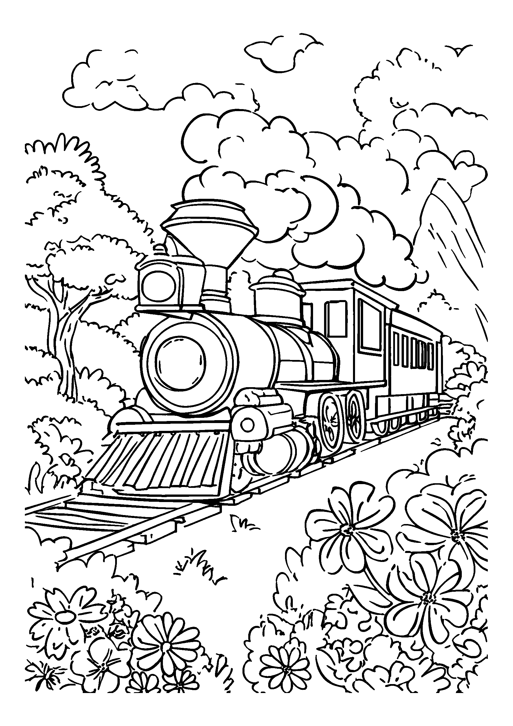 Ausmalbild Whimsical Train Chugging Through a Magical Landscape