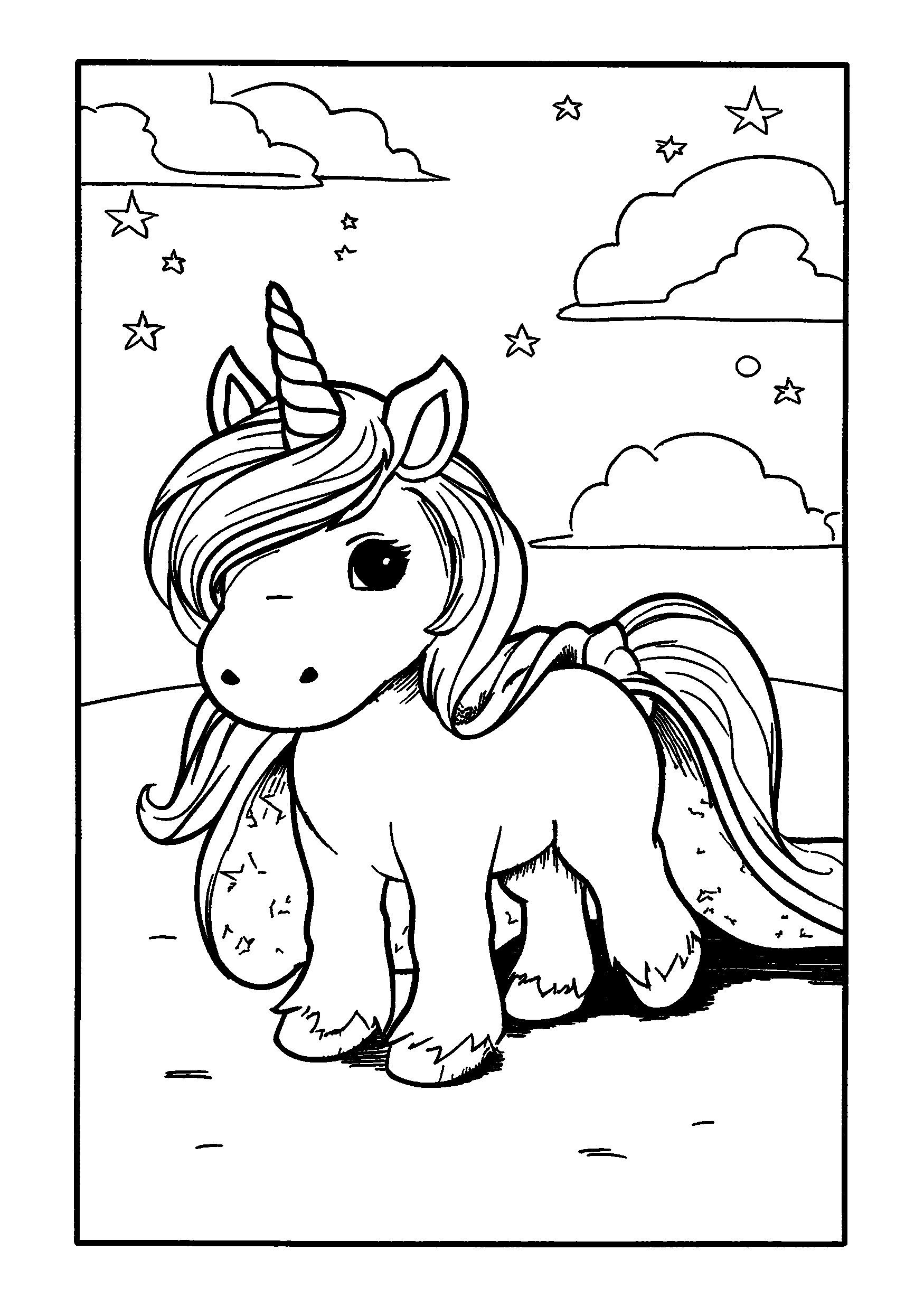 Ausmalbild Unicorn with a Starry Cape Beneath a Twilight Sky