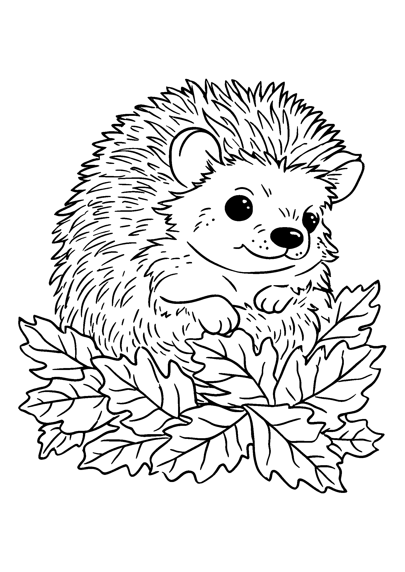 Ausmalbild Cute Hedgehog Curled Up in Fallen Leaves