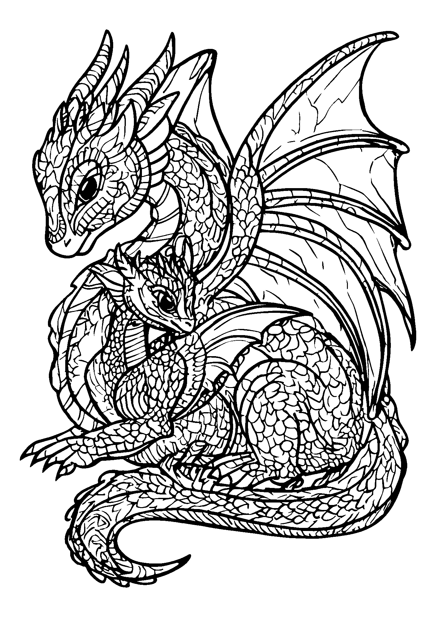 Ausmalbild Dragon Lovingly Carrying its Young on its Back